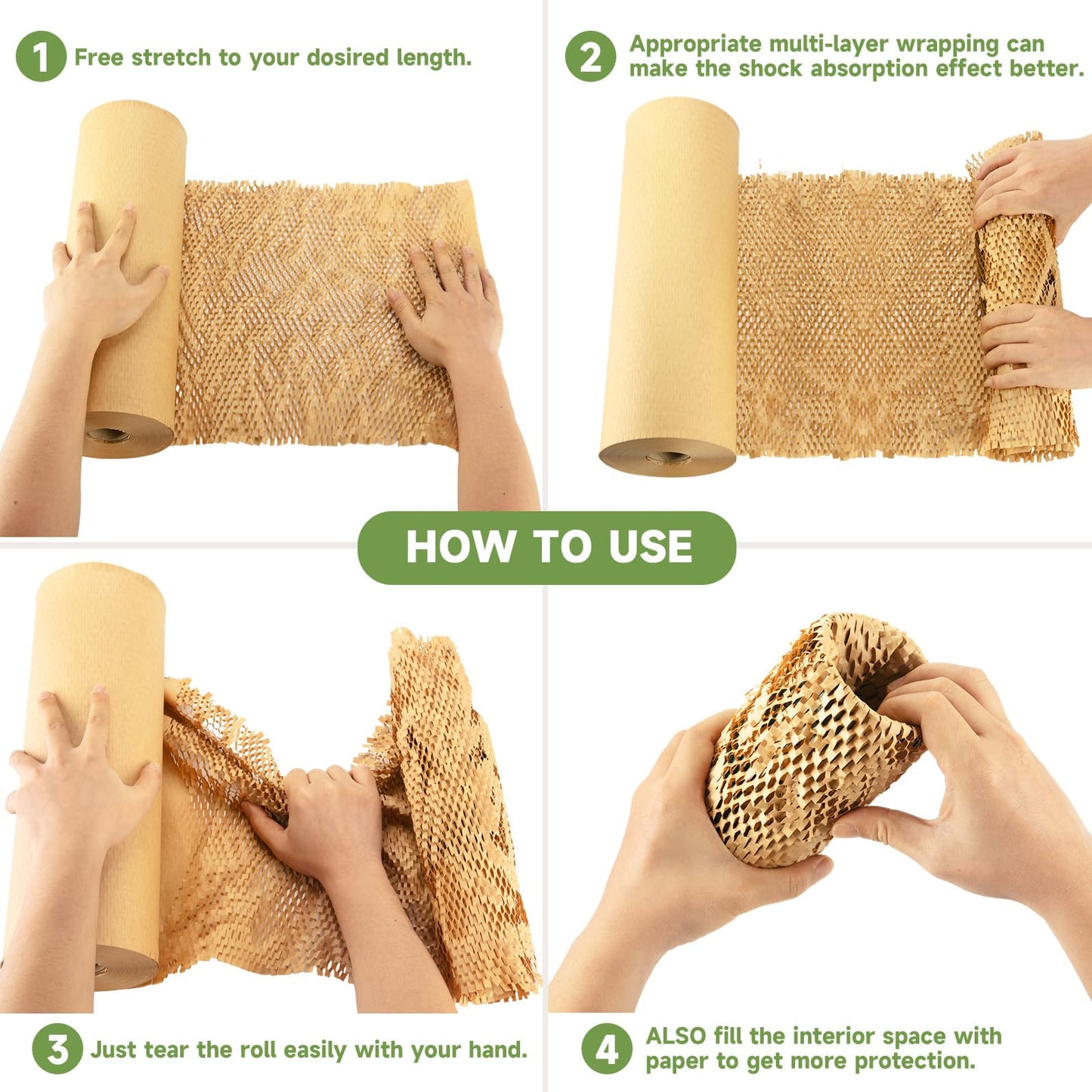 NAPALOOK Honeycomb Packing Paper Wrap 15''x600', Substitute Alternative for Bubble Cushioning Wrap for Moving Shipping Packaging, Recyclable Moving Supplies with 48 Fragile Sticker Labels