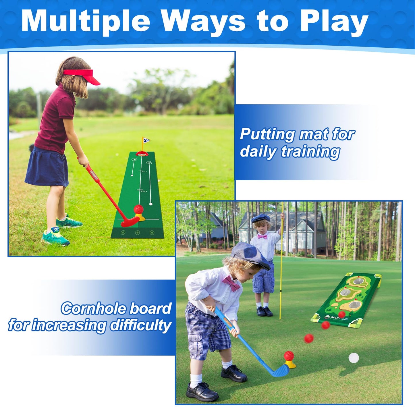 Jovizo Toddler Golf Set for Boys Girls 2 3 4 5 Years Old, Upgraded Kids Golf Cart with Putting Mat & Cornhole Board, Outdoor Indoor Sports Toys, Blue