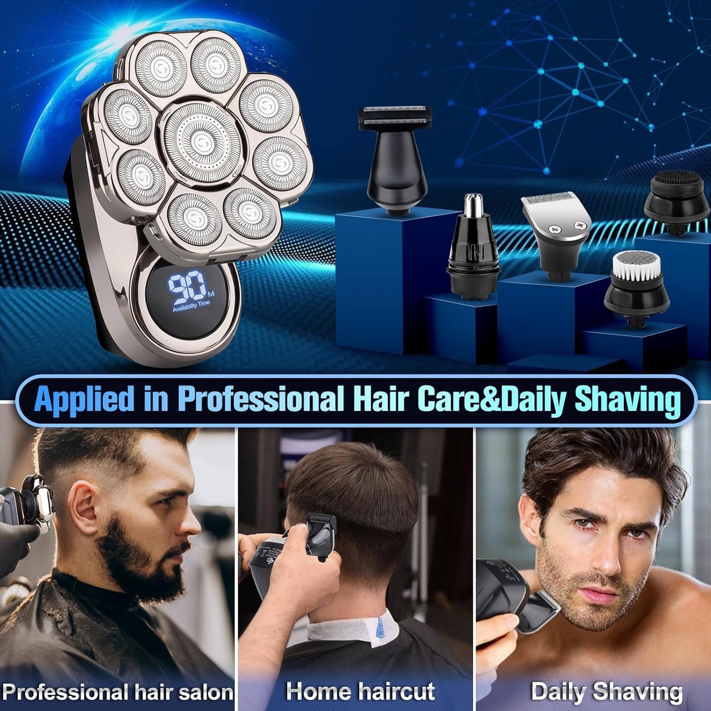 9D Head Shavers for Bald Men, Electric Razor for Men to Shave Fast with LED Display, Cordless Rechargeable, IPX7 Waterproof Wet/Dry Rotary Shaver Kit with Nose Hair Trimmer Shaver, Gift for Men