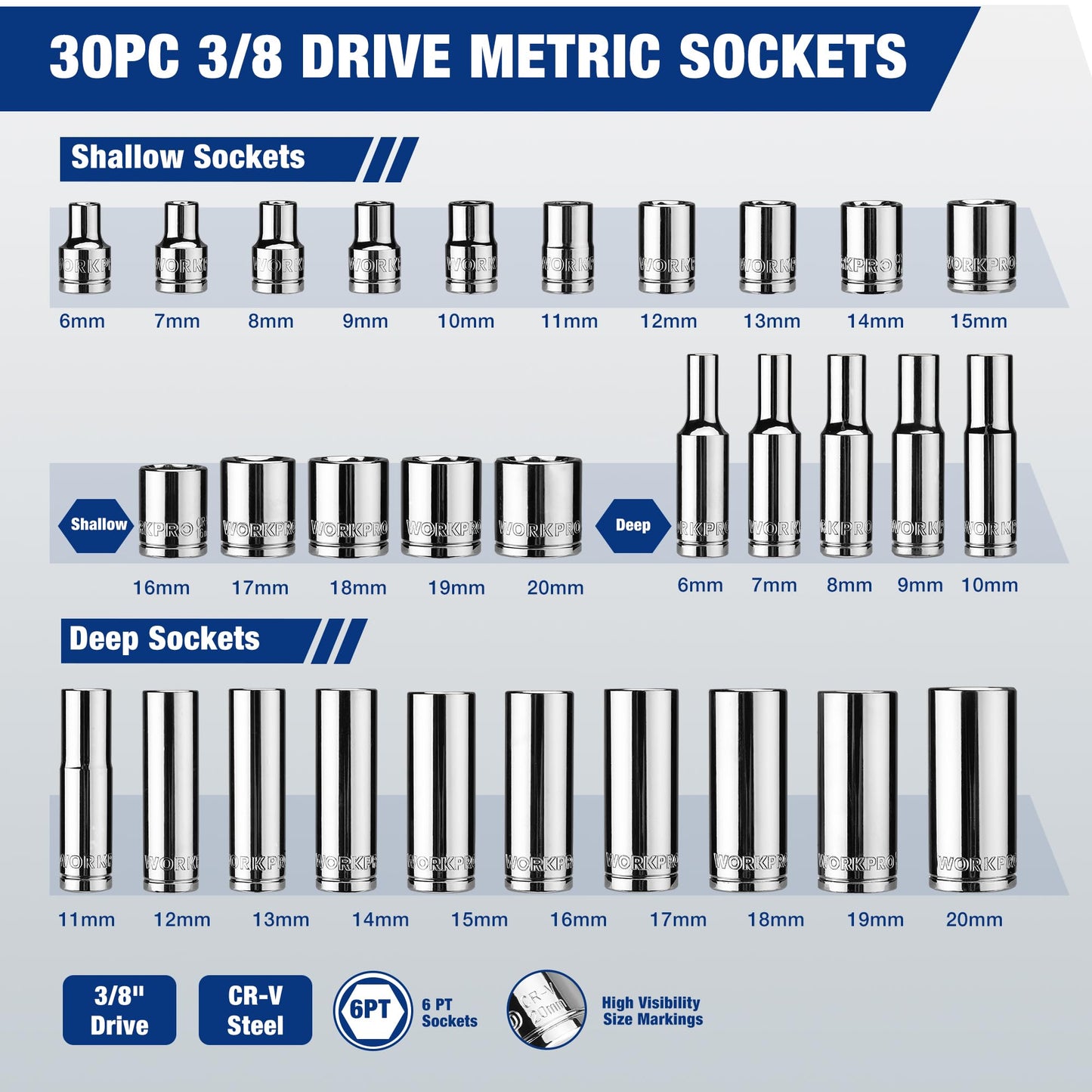 WORKPRO 32-Piece 3/8-inch Drive Metric Sockets and Ratchet-Including 30 Metric Deep and Shallow Sockets, 6-20mm with Magnetic Organizer and 72-Tooth Quick Release Reversible Ratchet for Auto Repair