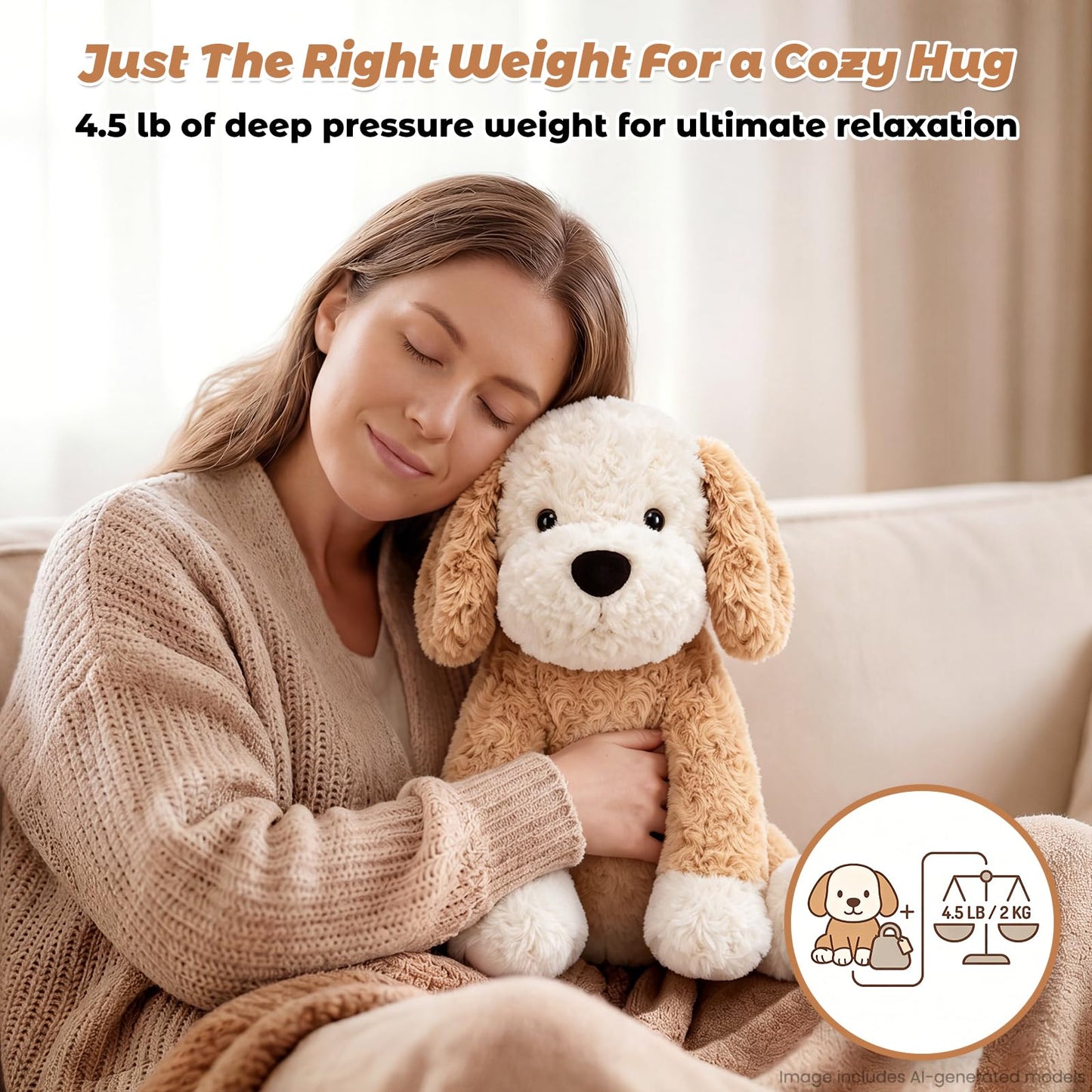 Bobbie & Laxi Weighted Stuffed Animals for Adults & Kids, 24" & 4.5lbs Sitting & Laying Dog Plush Toys Pillows with Removable Bag, Companion Gift for Boys and Girls, Puppy Plushies