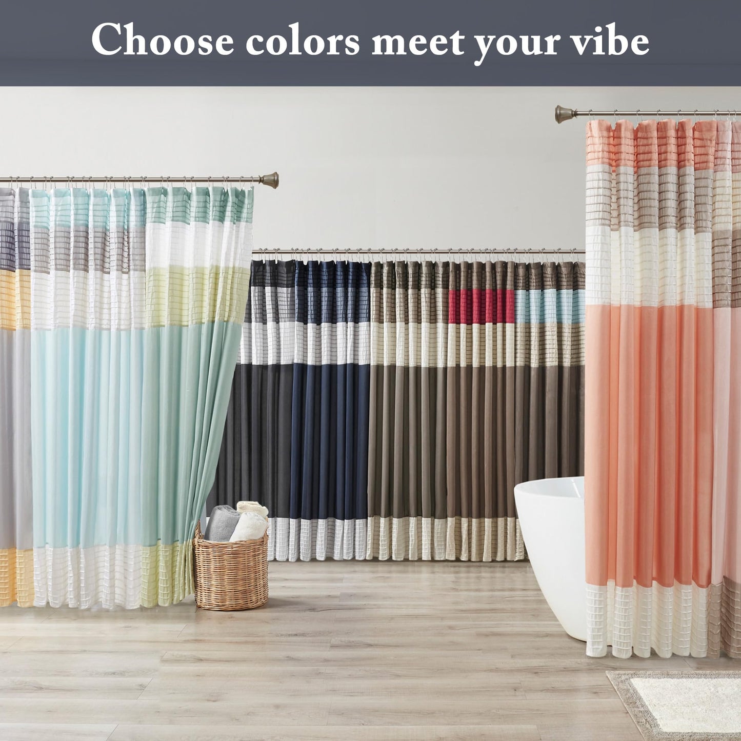 Madison Park Amherst Bathroom Shower Curtain Faux Silk Pieced Striped Modern Microfiber Bath Curtains, 72x84 Inches, Navy