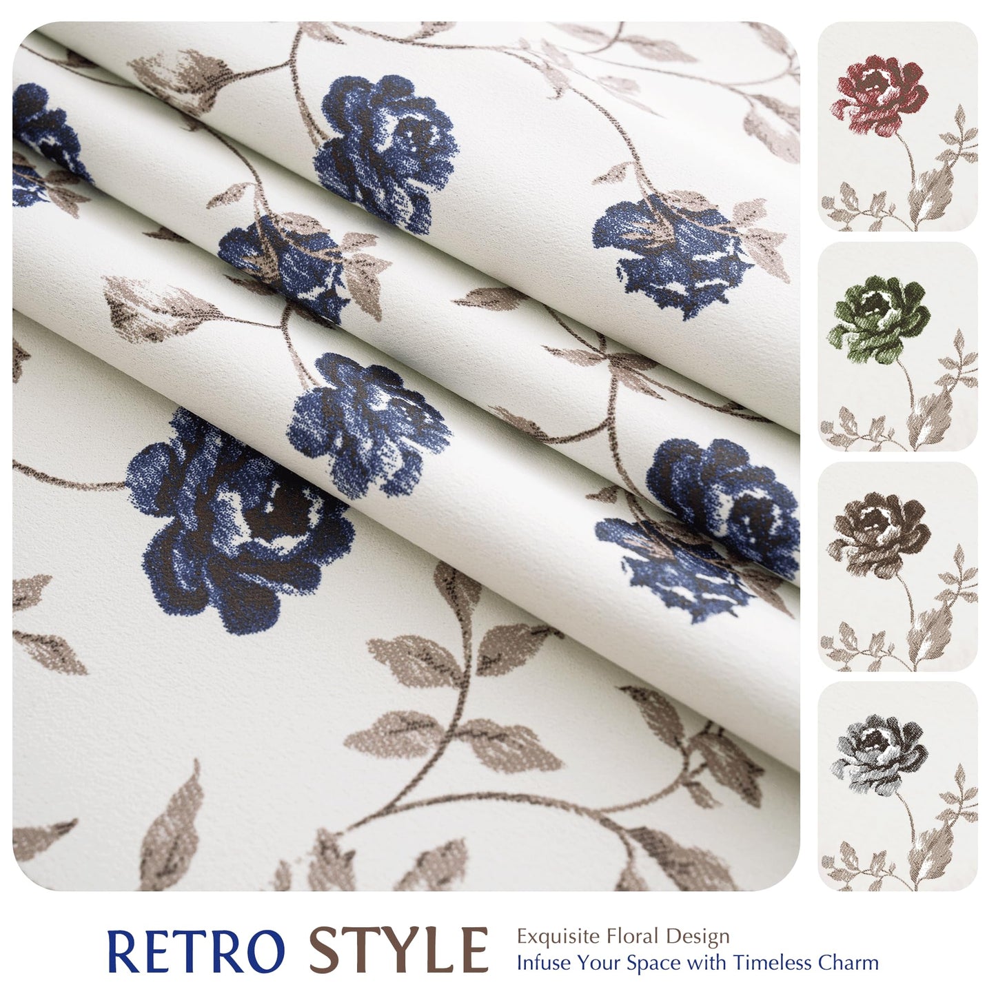 Beauoop Floral 100% Blackout Curtains 84 Inches Long 2 Panels for Bedroom Living Room Blue Brown on Beige Vintage Rose Flower Patterned Room Darkening Thermal Soundproof Grommet Window Drapes, 52X84