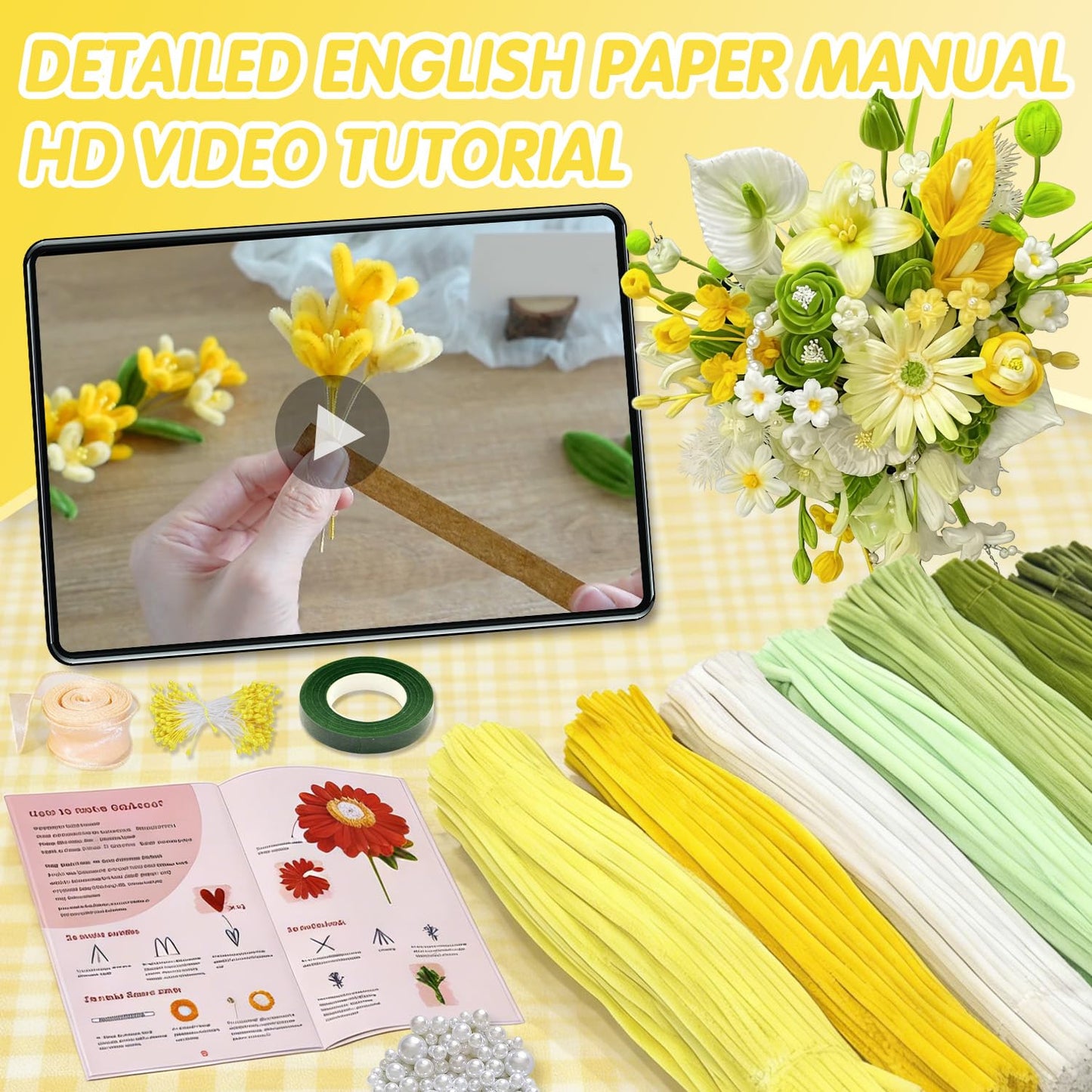 URSDIART 976PCS Pipe Cleaners,Pipe Cleaner Bulk Flowers Kit,7 Colors Chenille Stems for Flower Bouquet Making with Craft Wire,Stamen,Tape,Ribbon & More for DIY Projects & Arts (Green Colour)