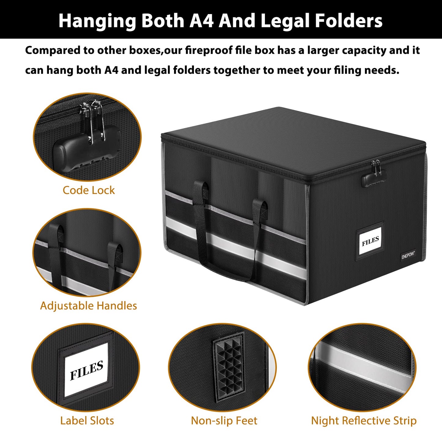 ENGPOW Fireproof Document Box with Lock, File Storage Organizer Box with Inserts ＆Mesh Pockets, Collapsible Portable Large Filing Cabinet Safe for Hanging Both Letter and Legal Folders(19"x16"x11")