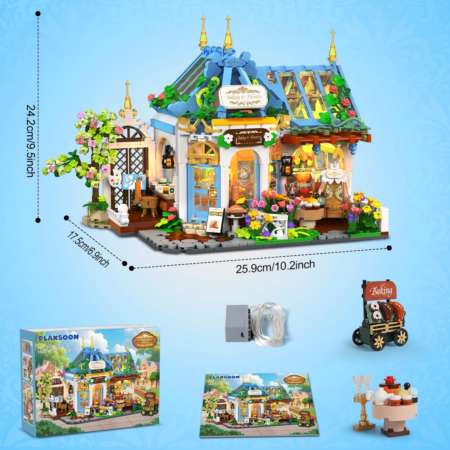 PLAXSOON Flower Café House Building Set with LED, 1520 PCS Botanical Coffee Architecture with Openable Design, Floral Bakery Construction Model for Home Decor, Gift for Adults Women Teens Girl Boy 12+