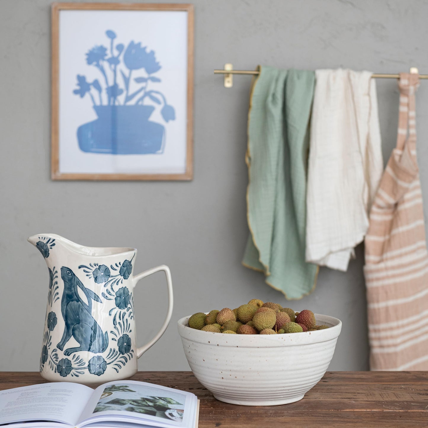 Creative Co-Op Stoneware Pitcher with Painted Rabbit and Florals, Blue and Cream