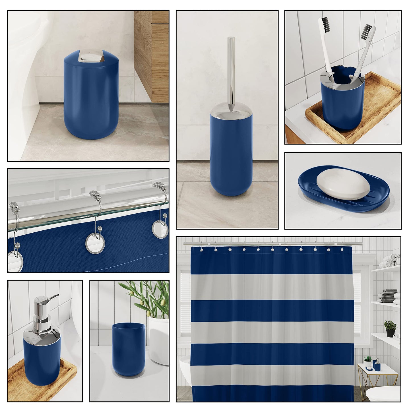 Clara Clark Bathroom Set - Navy Bathroom Accessories Set, 20PC Bathroom Accessory Set, Shower Curtain Set with Liner, Toothbrush Holder, Soap Dispenser, Soap Dish, Toilet Brush Holder, and Trash Can