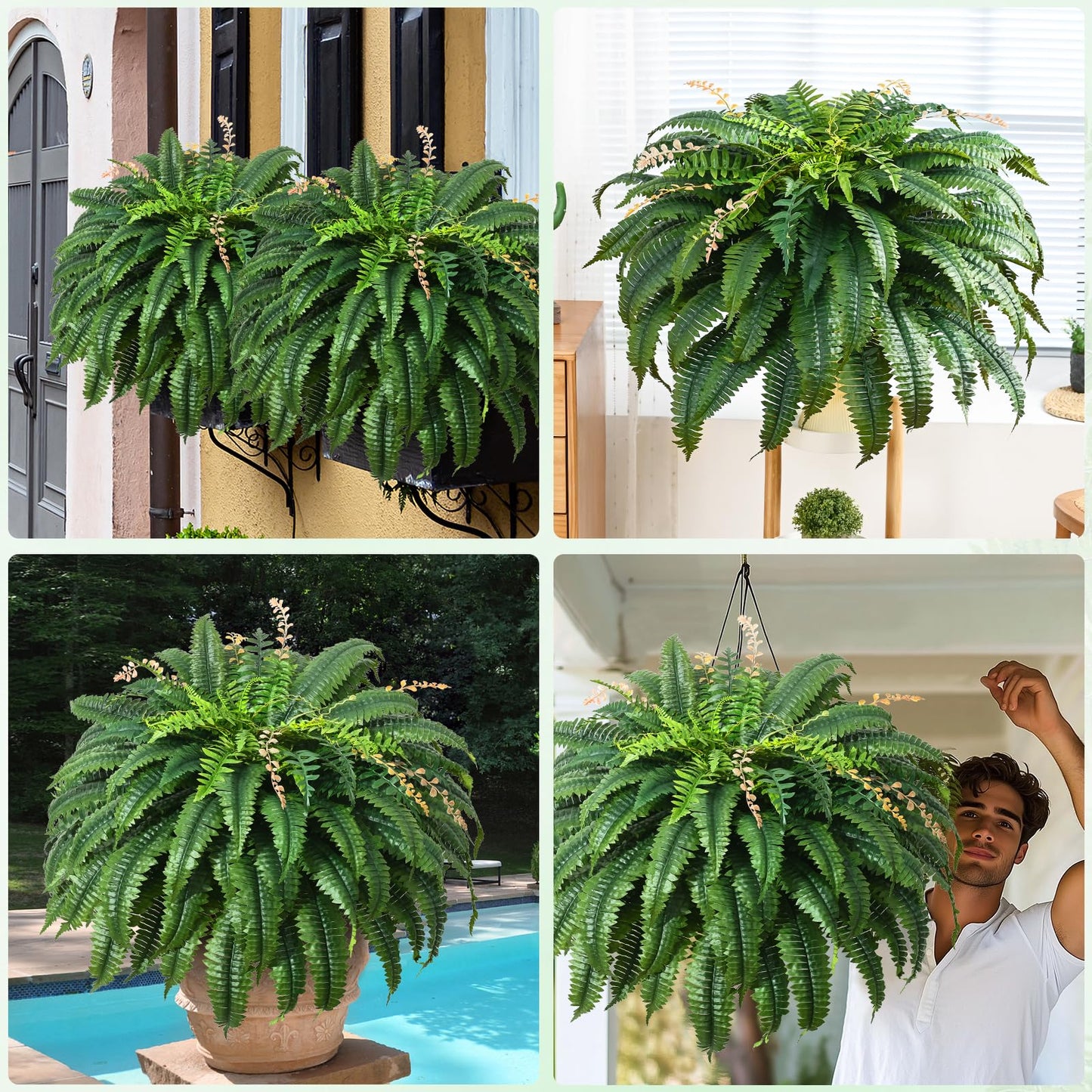 MARTINE MALL 48 inch 128 Leaves Artificial Ferns for Outdoors Look Real Fake Ferns, Large Faux Boston Ferns for Outdoor Planter Realistic UV Resistant Artificial Fake Plants for Porch Patio Hanging