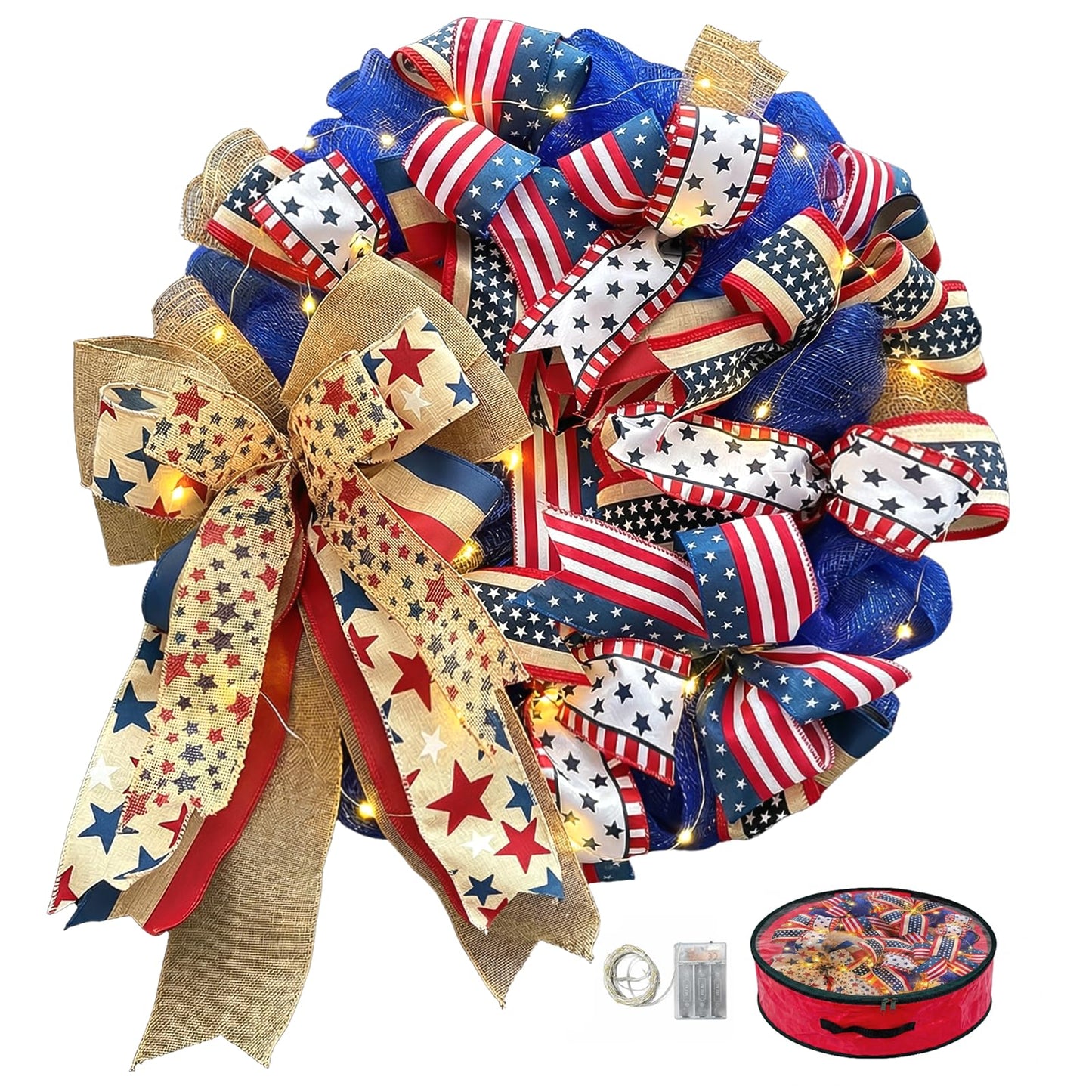 Presentastic 250th Anniversary Patriotic Wreaths for Front Door, 24 Inch Large 4th of July Decorations, Handcrafted Ribbon Burlap Bow, Red White and Blue Memorial Day Wreath with Lights & Storage Bag