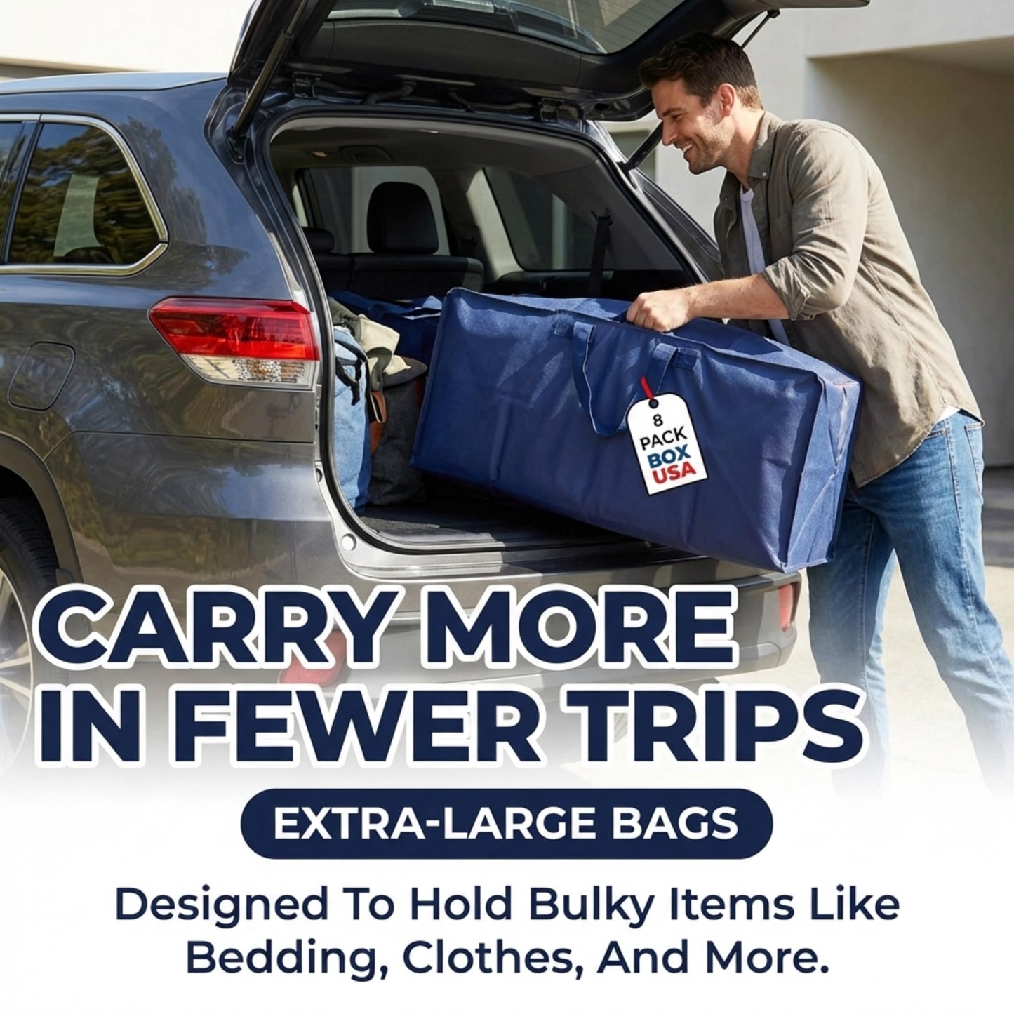 BOX USA 8-Pack Moving Bags with Strong Handles & Zippers - Heavy Duty Extra Large Packing Bags for Storage, Moving Boxes, Dorm & College Supplies, Blue