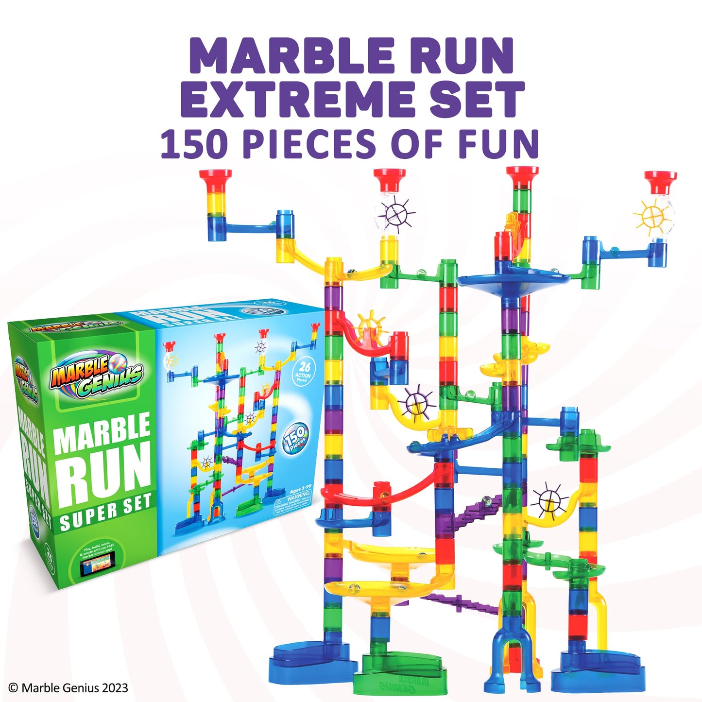 Marble Genius Marble Run - 150 Complete Pieces Maze Track Easter Toys for Adults, Teens, Toddlers & Kids Aged 4-8 Years Old, (85 Translucent Marbulous Pieces + 65 Glass-Marble Set), Super Set