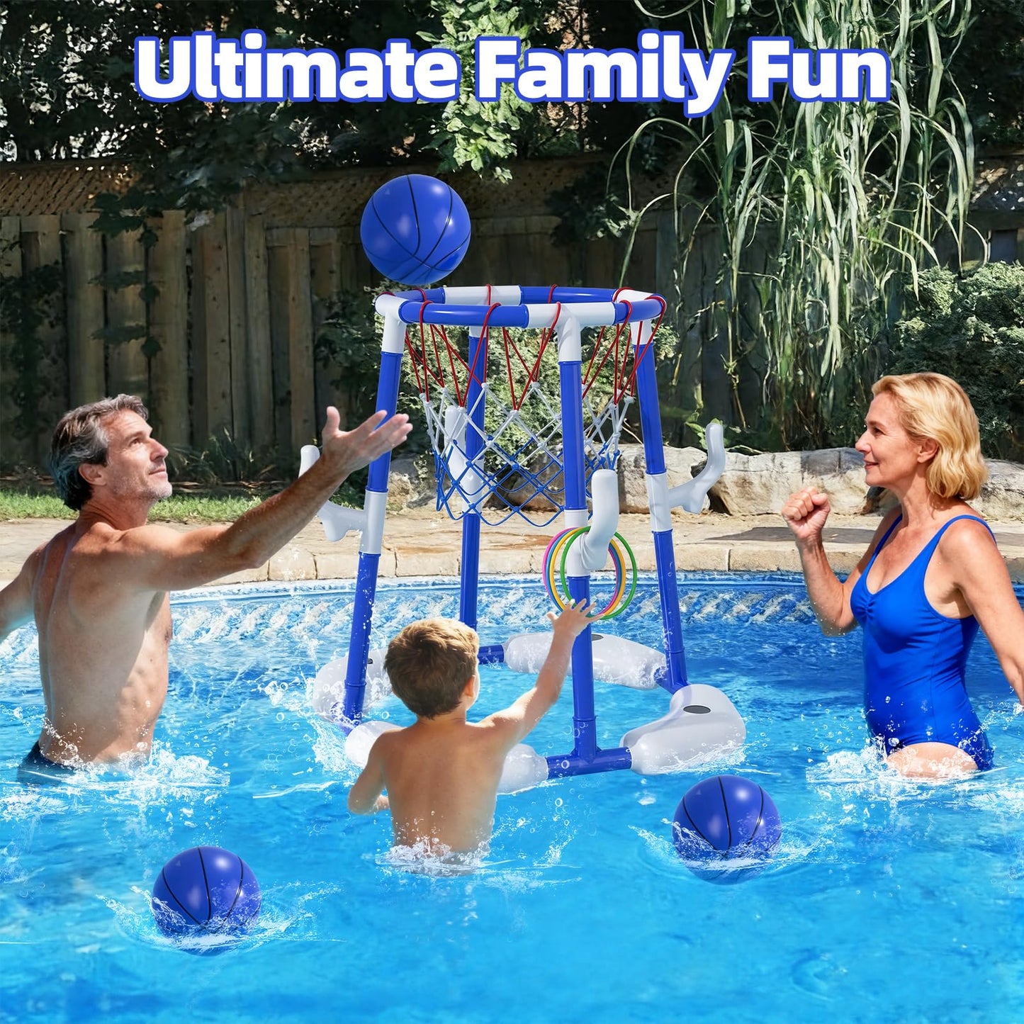 BLmukce Pool Basketball Hoop for Kids 4-8 & 8-12 Years Old - 2-in-1 Floating & Above Ground Water Game with 4 Balls, 12 Rings & Pump, Outdoor Play Swimming Pool Toy for Adult Summer Party (Blue)