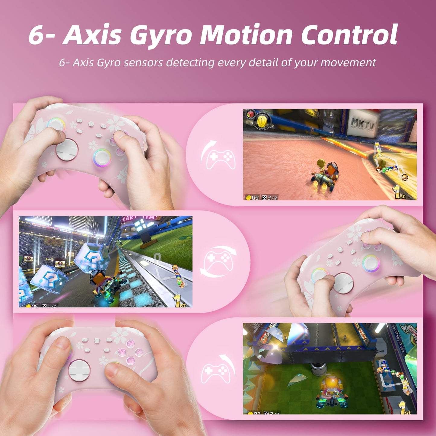 Mytrix Wireless Pro Controllers for Nintendo Switch, Windows PC iOS Android Steam/Steam Deck, Sakura Pink Bluetooth Controller with Programmable, Headphone Jack, Adjustable LED Light/Turbo/Vibration