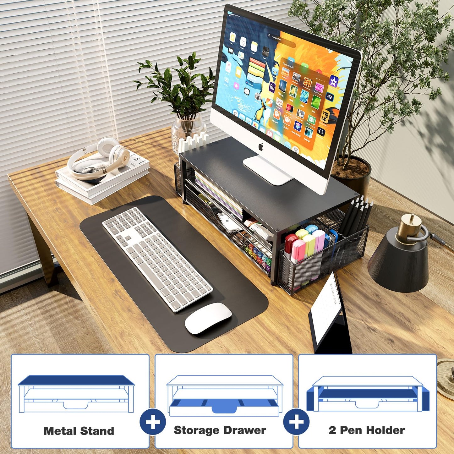 OPNICE Desk Organizer and Accessories, Dual Computer Monitor Stand Riser with Drawer and 2 Pen Holders, Laptop Stand, Office Desk Accessories for Office Supplies, Black 2-Pack