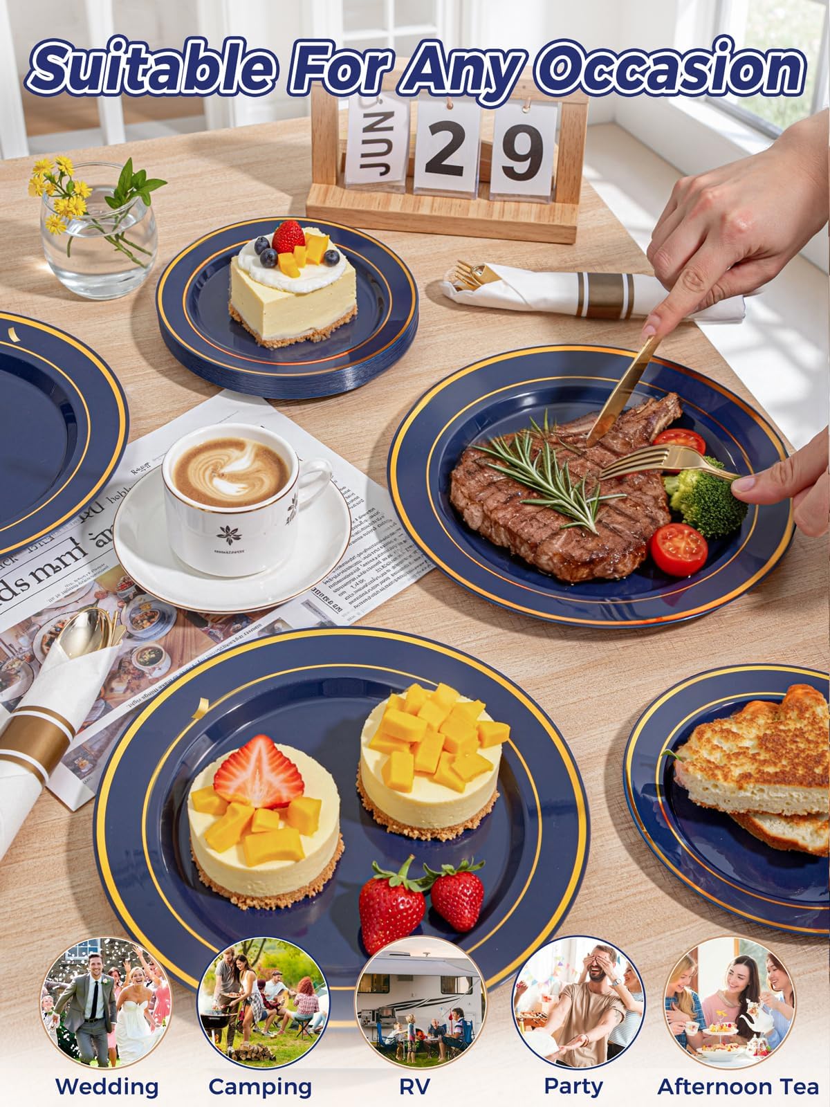 WDF Partyware 350PCS Navy Blue and Gold Plastic Plates with Rolled Napkins Include Dinner Plate 10’’, Dessert Plate 7’’, gold Cups 9 OZ, Pre Rolled Napkins for Birthday/Wedding/Party/Graduation