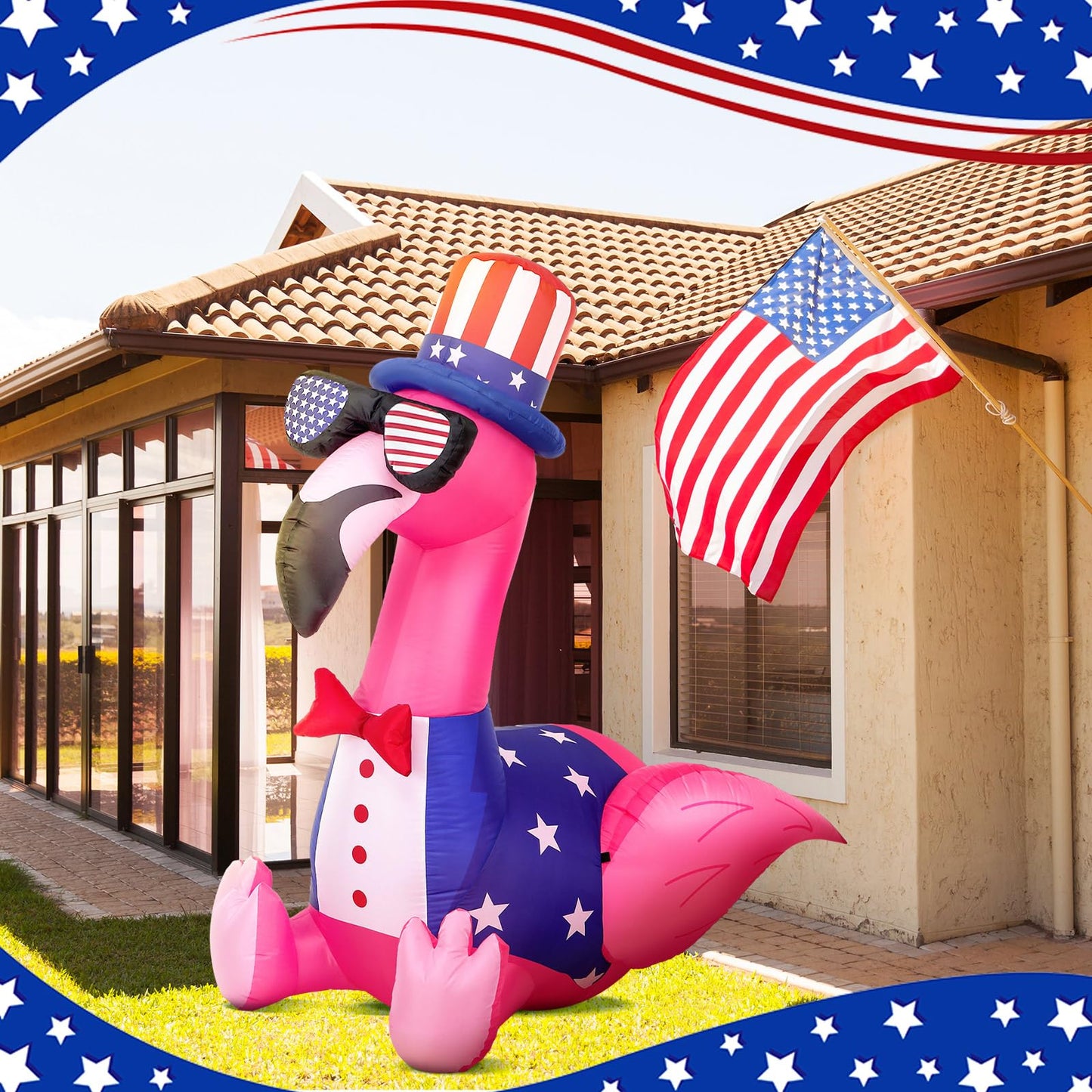 Leyndo 5 ft 4th of July Inflatables Outdoor Decorations Flamingo Patriotic Inflatables Independence Day Blow up with Built-in LEDs Lights for Yard Garden Lawn Memorial Holiday Party Decor
