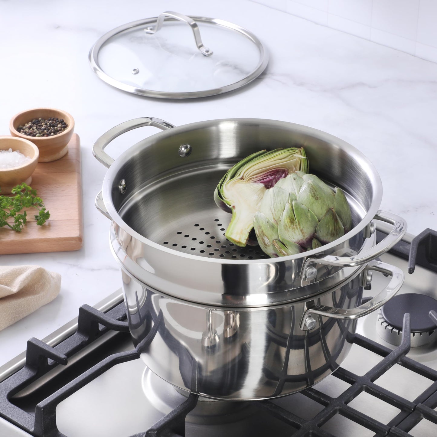 Sur La Table Kitchen Essentials Chef's Deck 3-Piece 5.3-Quart Stainless Steel Dutch Oven with Steamer Insert & Glass Lid – Induction Ready, Tri-Ply Base, Polished Finish & Hollow Stay-Cool Handles