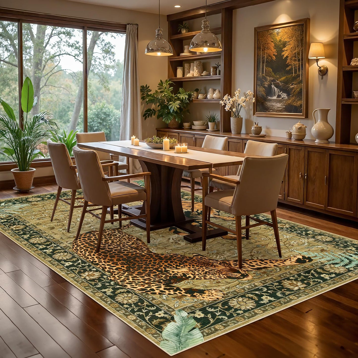Joydeco Washable Tiger Print 5x7 Living Room Area Rug, Vintage Boho Cheetah Dining Room Rug Non Slip, Leopard Stain Resistant Carpet for Bedroom Office Playroom Entryway, Camel