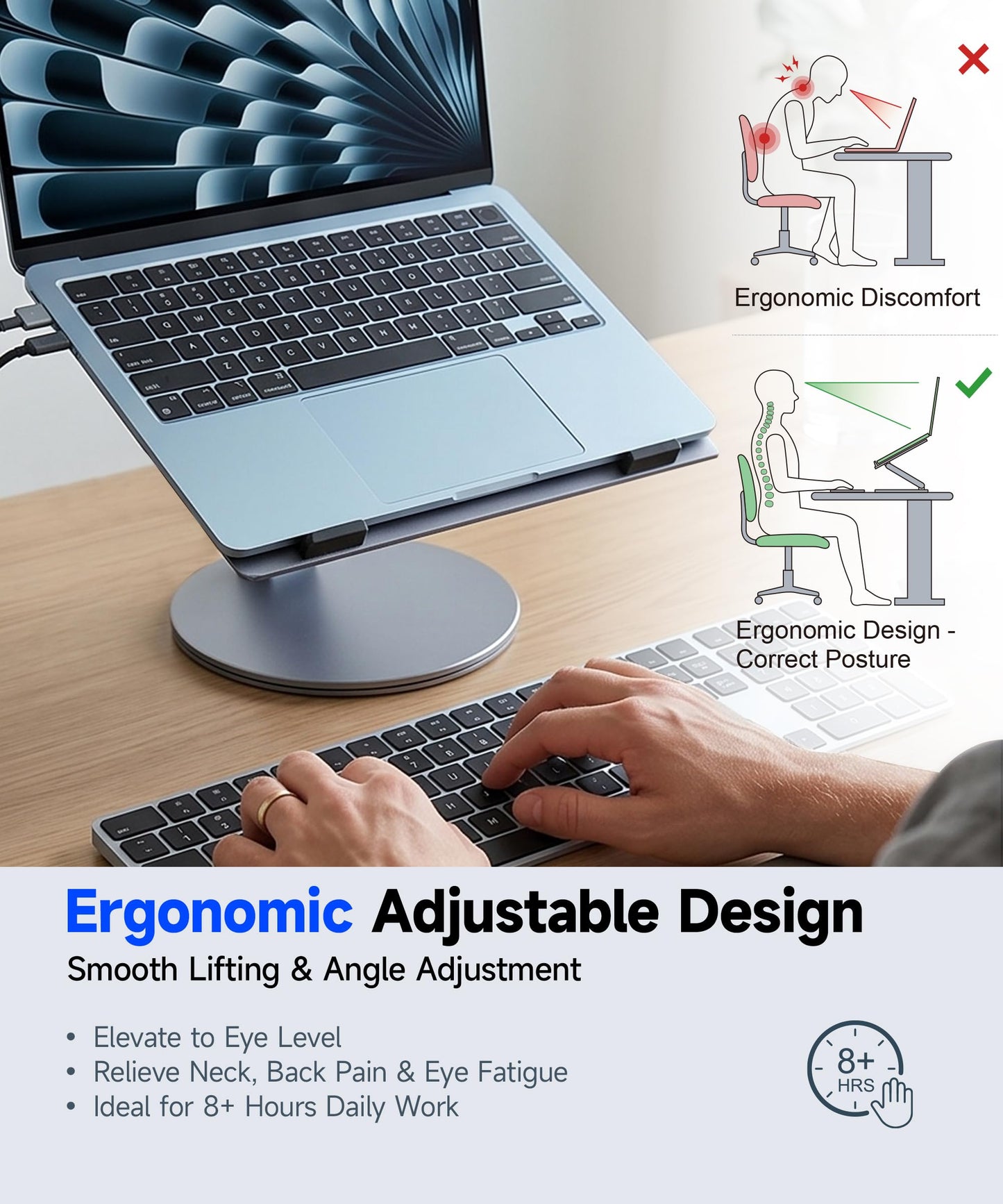 YICOSUN Laptop Stand for Desk, 360° Rotating Height Adjustable Computer Stand, Ergonomic Aluminum Laptop Riser with Ventilated Cooling, Foldable for 10-16 inch MacBook Pro Air Neo Dell HP - Gray