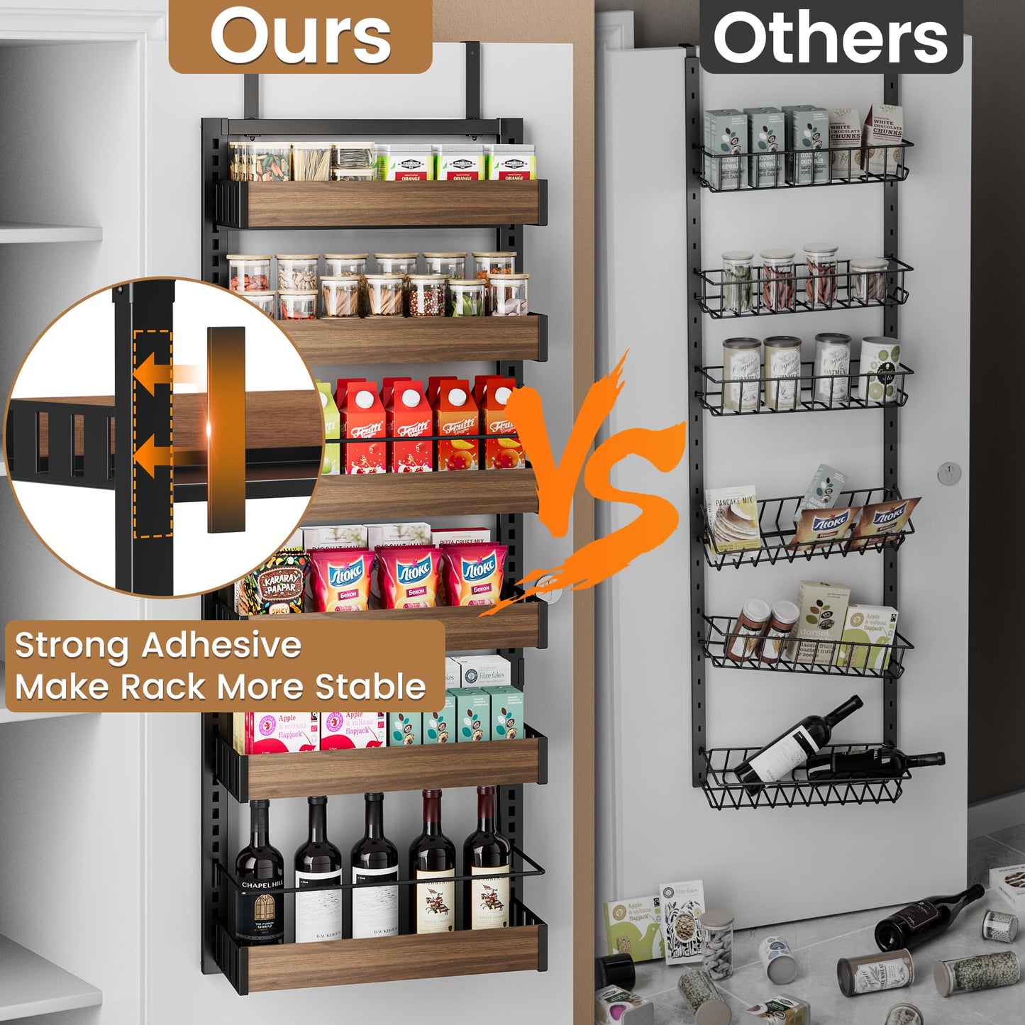 POKIPO 6 Tier Over The Door Pantry Organizer, 2-in-1 Door Hanging or Wall Mounted Spice Rack, Large Heavy Duty Pantry Door Storage Seasoning Shelves with Adjustable Basket for Kitchen Bathroom Closet