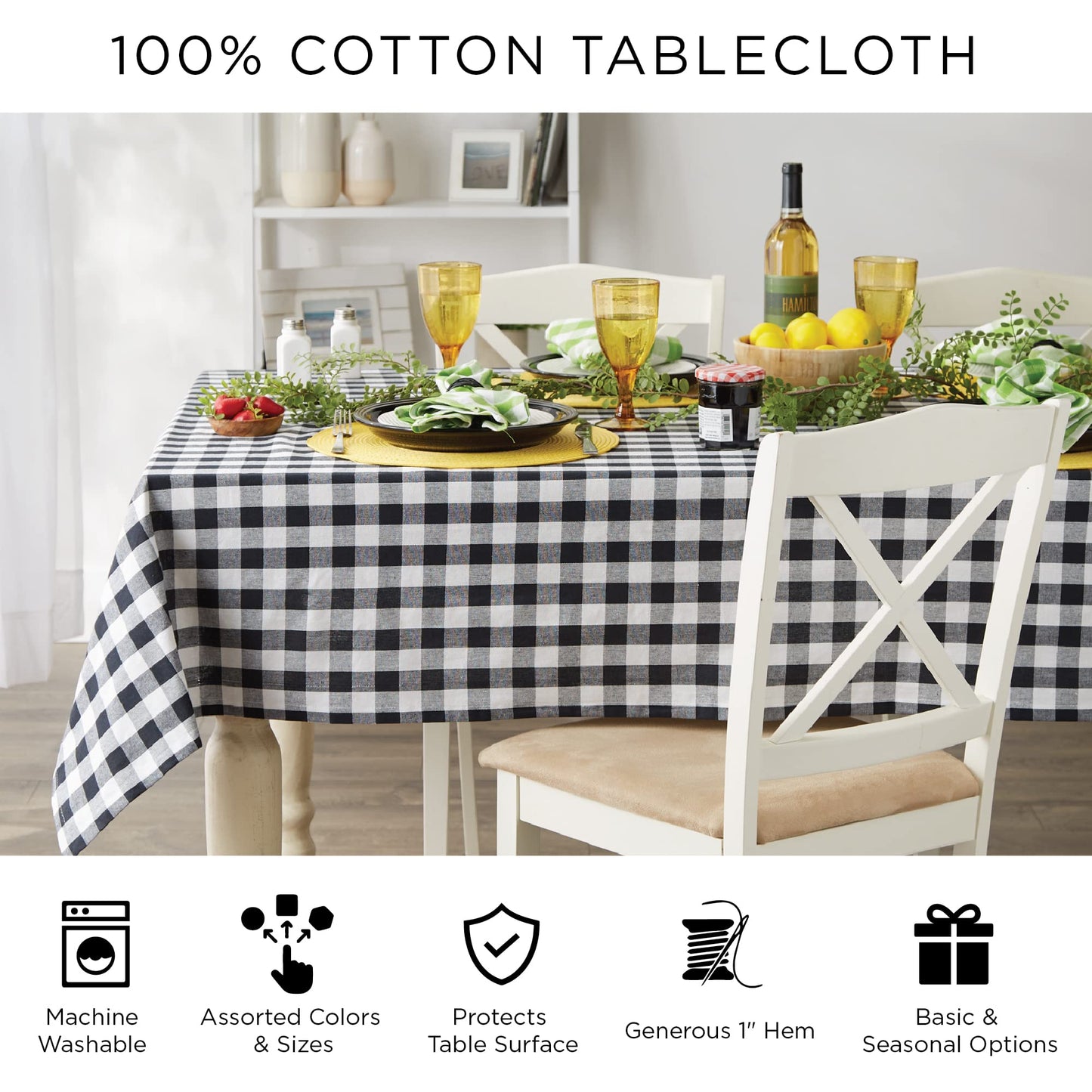 DII Buffalo Check Collection, Classic Farmhouse Tablecloth, 60 x 104, Light Blue & White