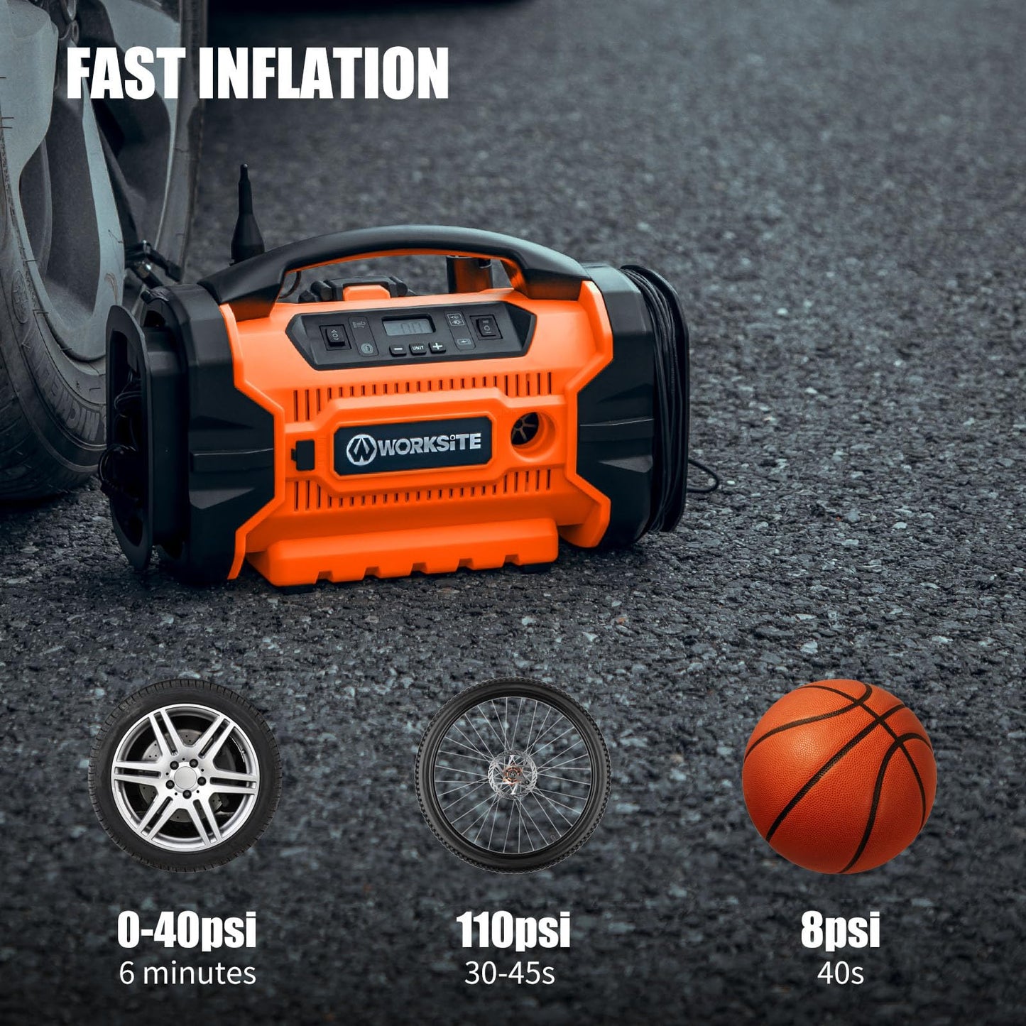 WORKSITE Tire Inflator Air compressor Portable, 160 PSI Car Tire Pump with 3 Power Supply (110V AC, 12V DC & 20V Battery) for cars, bikes, balls,Orange
