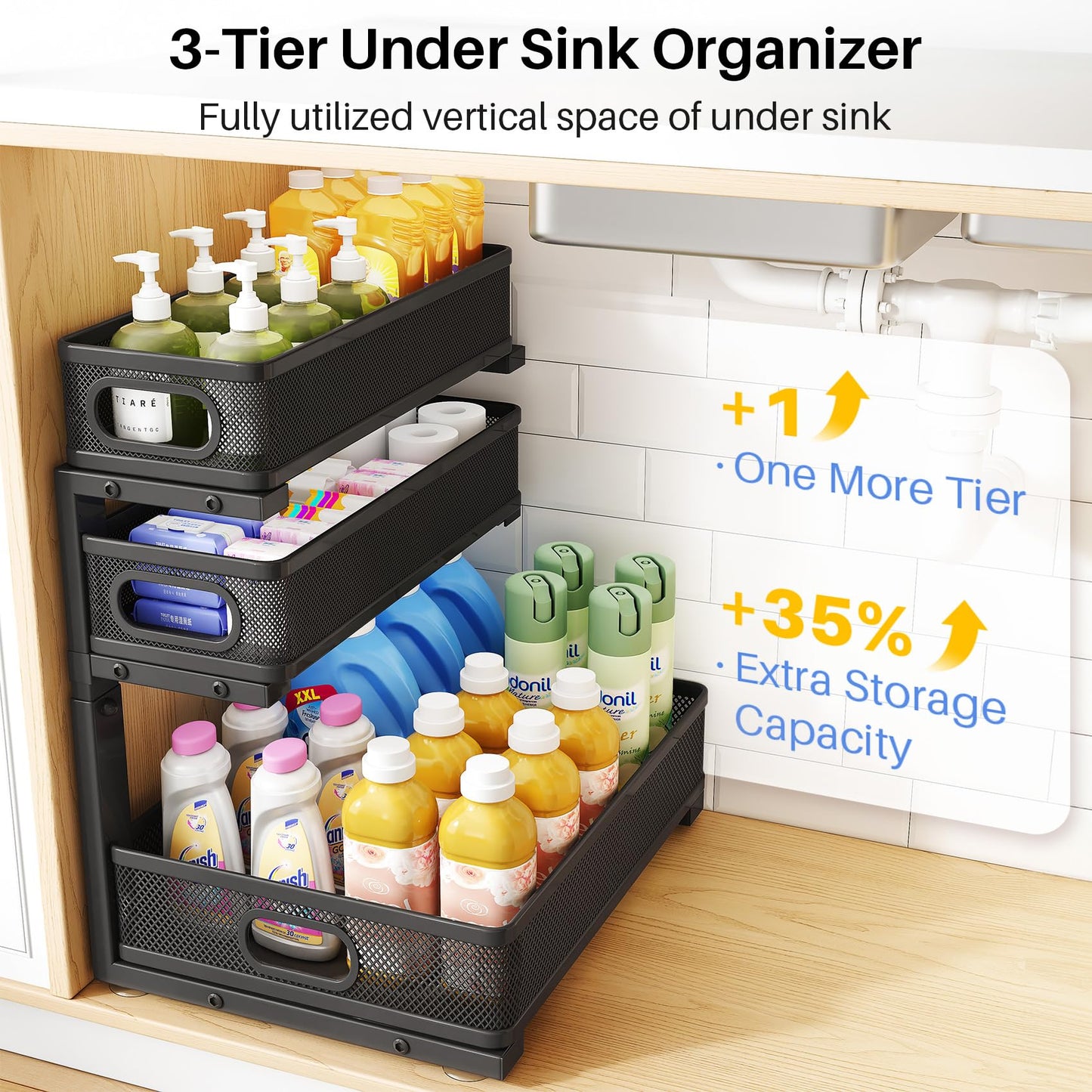 Under Sink Organizer, 2-Pack 3-Tier Thickened Metal Pull out Cabinet Organizer Shelf, Height Adjustable Slide out Storage Drawer Rack for Kitchen Bathroom Pantry Laundry Home Office Organization
