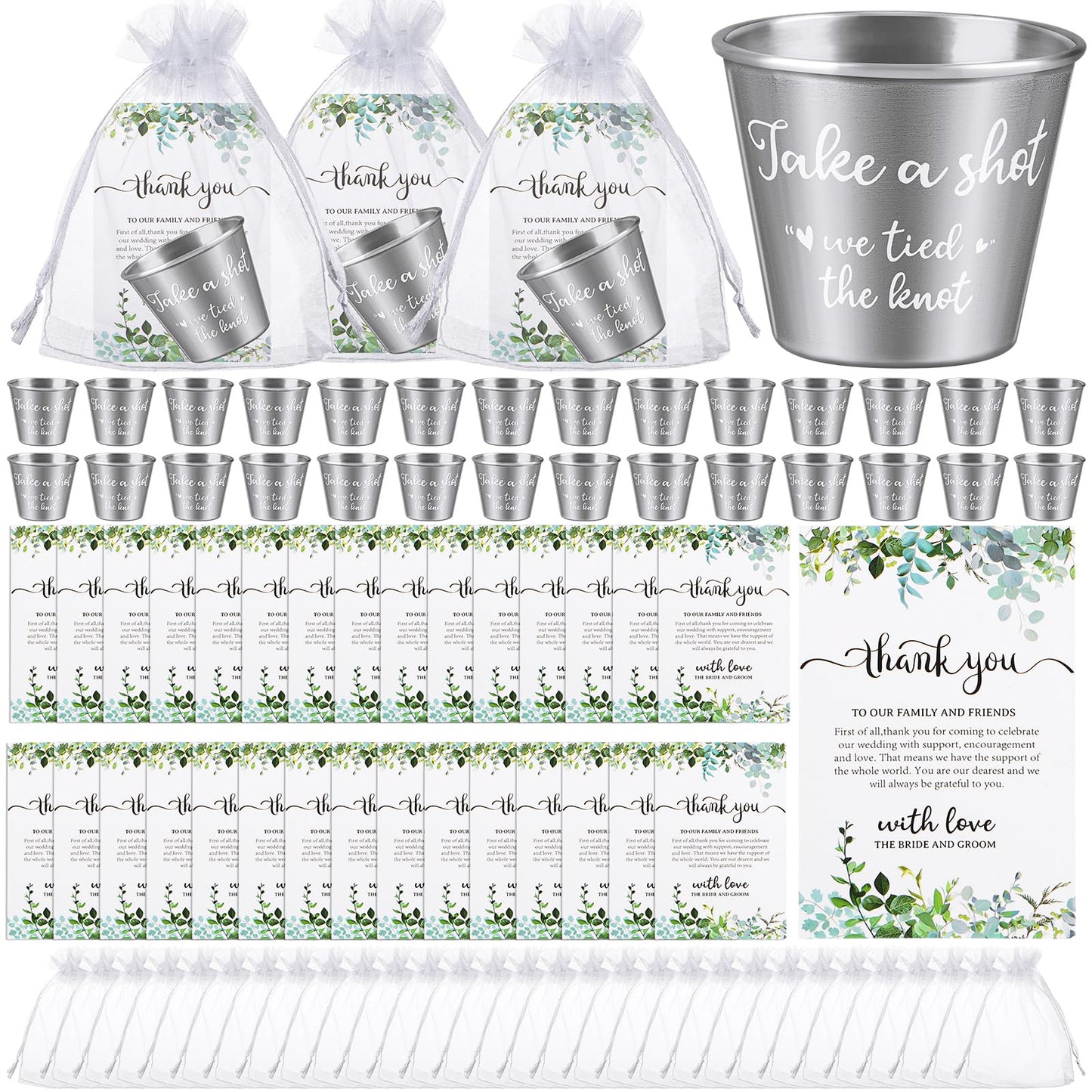 CoscosX 100 Set Wedding Favors for Guests Bulk Includes 1.5 oz Stainless Steel Shot Glasses, Thank You Cards with Organza Bags for Guest wedding Favors Set for Wedding Newlyweds Bridal Shower Gifts