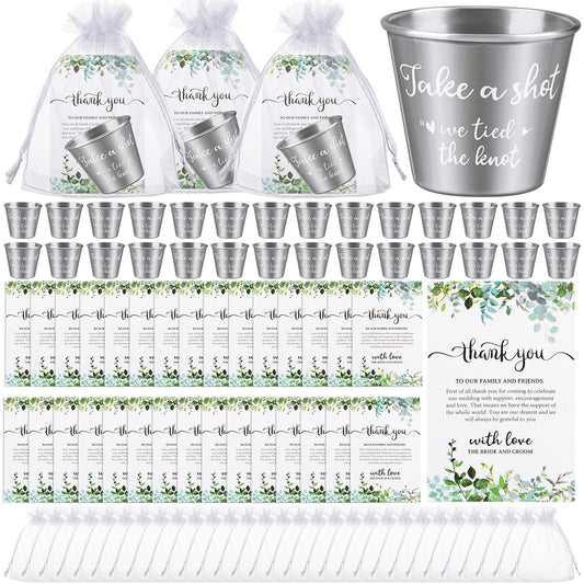 CoscosX 100 Set Wedding Favors for Guests Bulk Includes 1.5 oz Stainless Steel Shot Glasses, Thank You Cards with Organza Bags for Guest wedding Favors Set for Wedding Newlyweds Bridal Shower Gifts