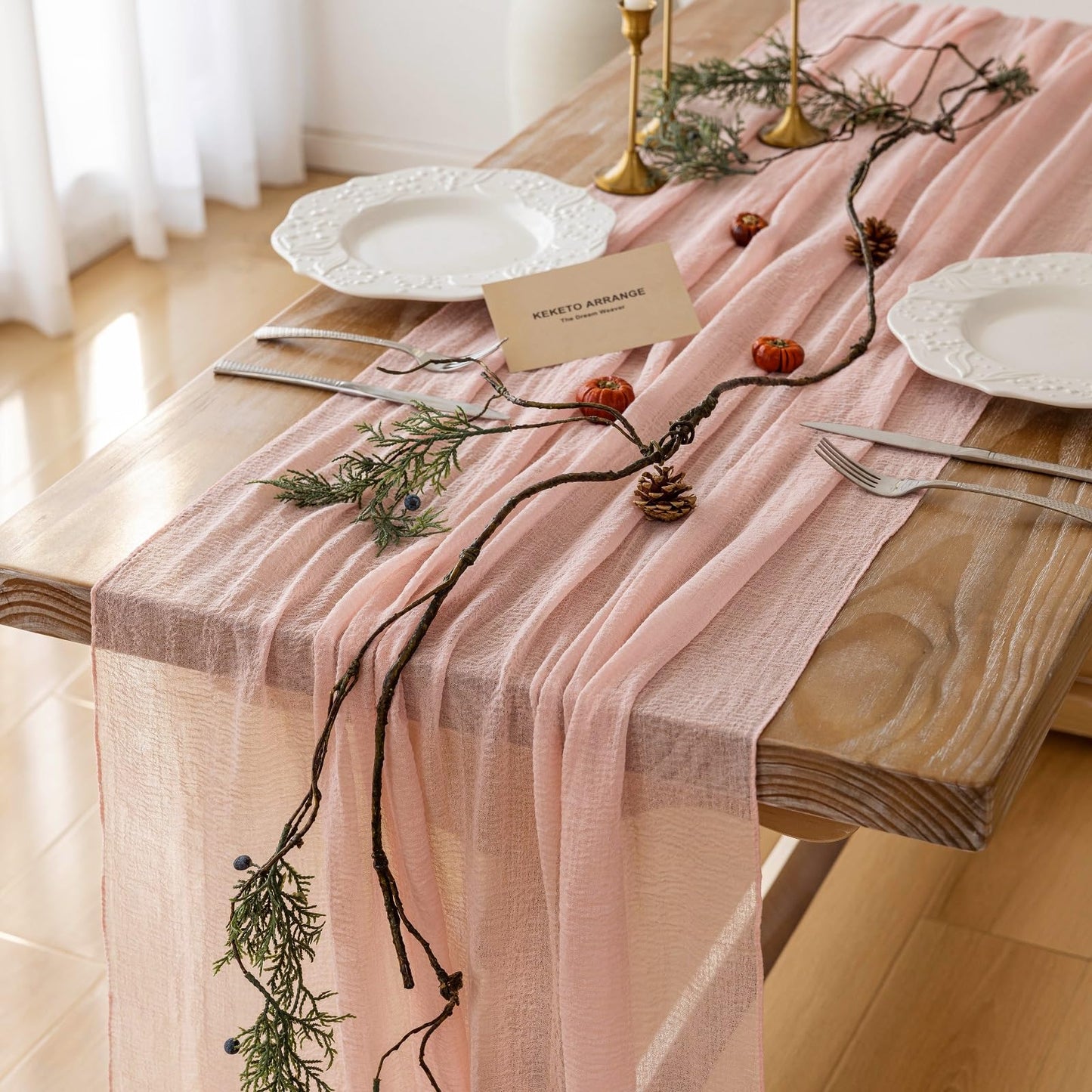 Keketo 6pcs Blush Pink Gauze Rustic Cheesecloth Table Runner 120 Inch 10 FT for Wedding Baby Shower Bridal Shower Birthday Engagement Garden Outdoor Party Long Sheer Boho Decorations