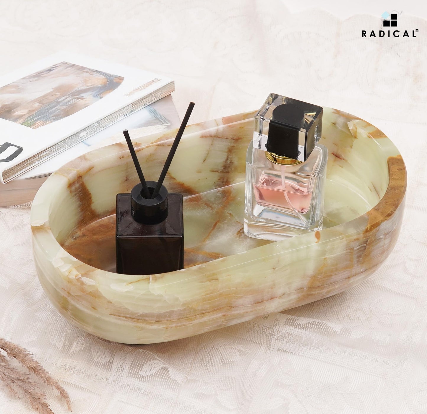Radicaln Marble Oval Bowl With Stand 10" Inches Green Handmade Fruit Bowl For Kitchen Counter, Ideal Serving Bowl for Home Decor, Candle Dish & Banana Holder For Kitchen Table