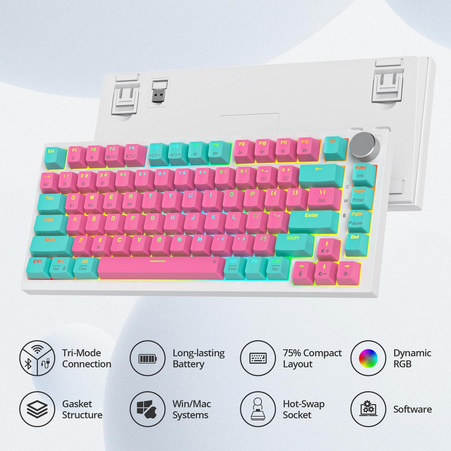 iRoboosta 400PRO 75% Wireless Creamy Mechanical Keyboard Pink, Gasket Hot Swappable RGB Gaming Keyboard, Bluetooth/2.4GHz/USB-C Cute Keyboard with Pre-lubed Cream Grey Switches (82 Pink Cyan) ﻿