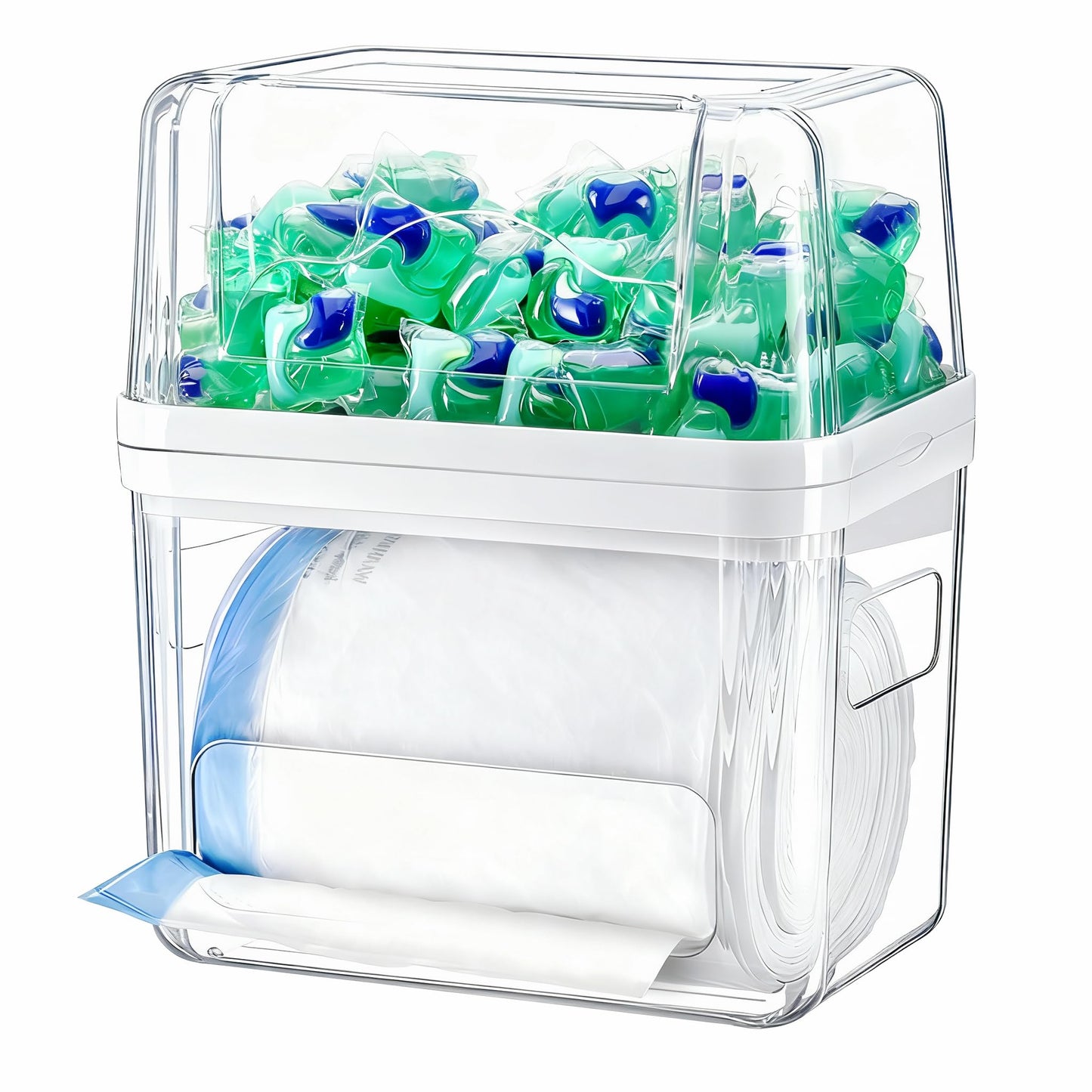 iCASA Trash Bag and Dishwasher Pod Dispenser - 3 in 1 Clear Storage Bins Holder for 13/30/33 Gallon Garbage Bags, Laundry Detergent Pods & Tabs, Under Sink Organizer for Kitchen and Laundry Room