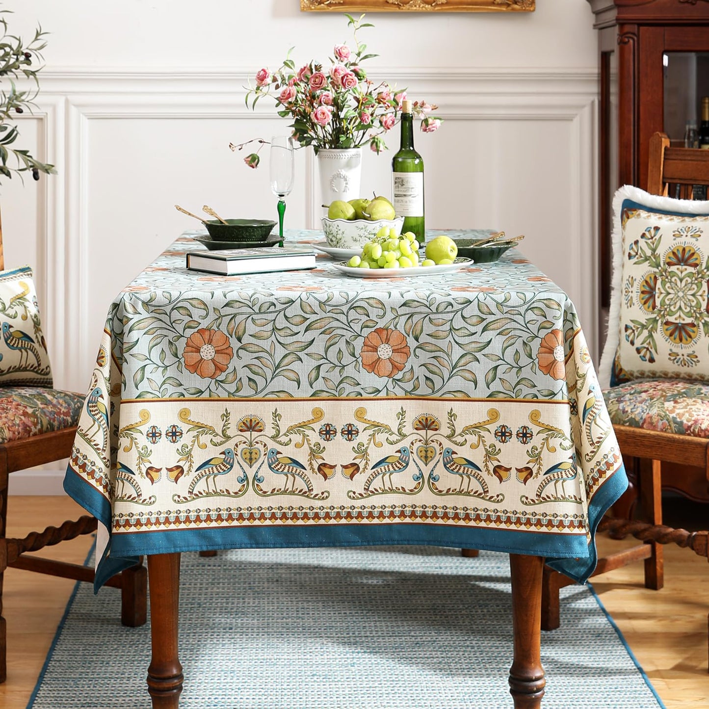 patdrea Designer French Rectangle Table Cloth,Blue Italian Floral Tablecloths,Provencal Country Spring Summer Linen Tablecloth,Wrinkle Free Table Cover for Kitchen Dining,Christmas,55" x 71"