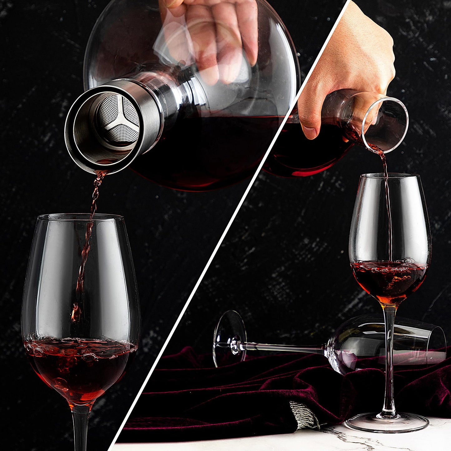 VnoPerito Wine Decanter,Red Wine Carafe,Decanter with Built-in Aerator Pourer, 100% Hand Blown Lead-free Crystal Glass with Stainless Steel Pourer Lid, Filter, Wine Gifts for Men