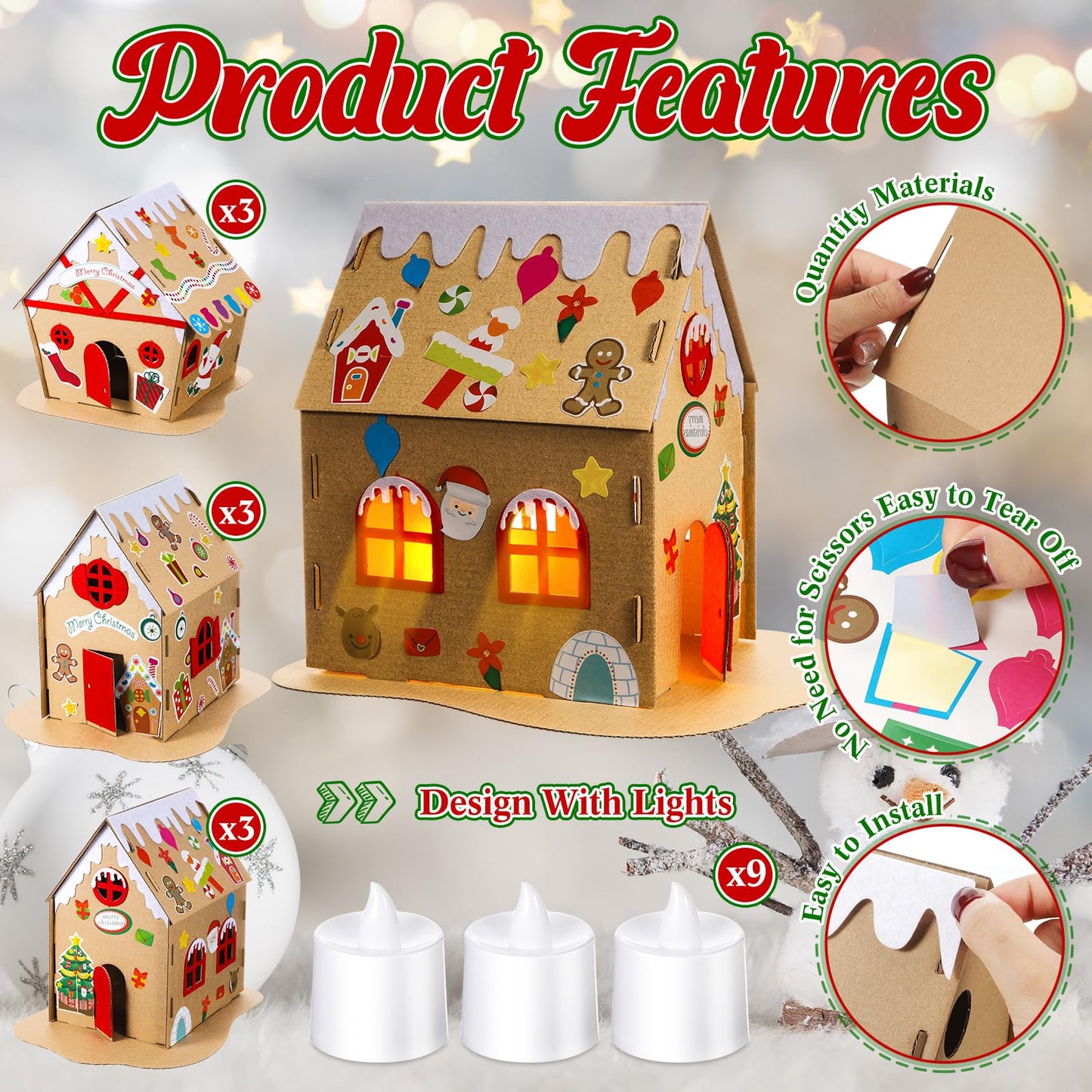 9 Sets Christmas Gingerbread House Kit Christmas Craft Kit Cardboard Gingerbread House Decor Craft Make a Holiday for Party DIY Supplies