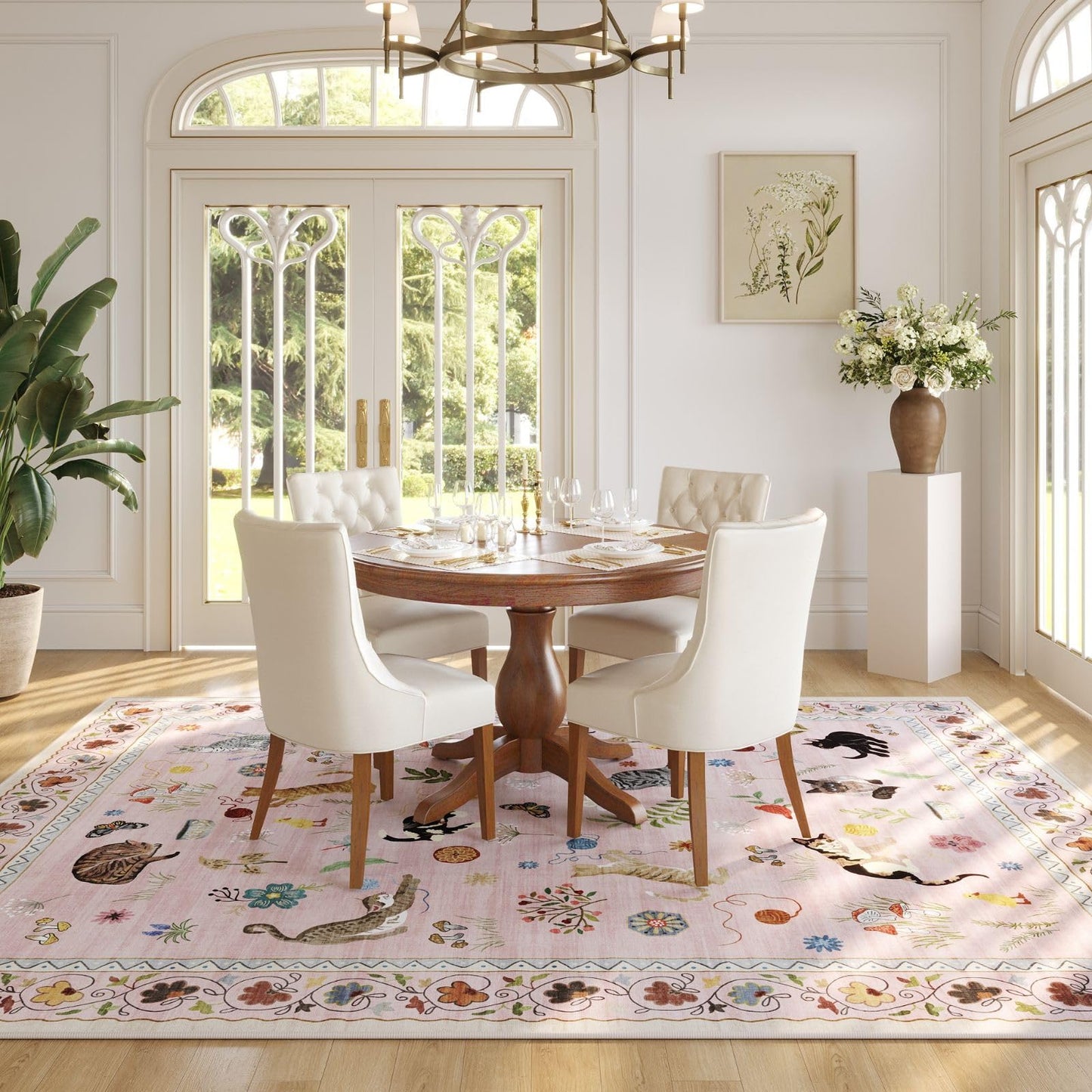 Rugcomf Living Room Rug 5x7 Rug Machine Washable Boho Area Rug Non Slip Floral Animal Cat Vintage Low Pile Large Rugs for Living Room Bedroom Farmhouse Dining Room Kids Playroom, Pink