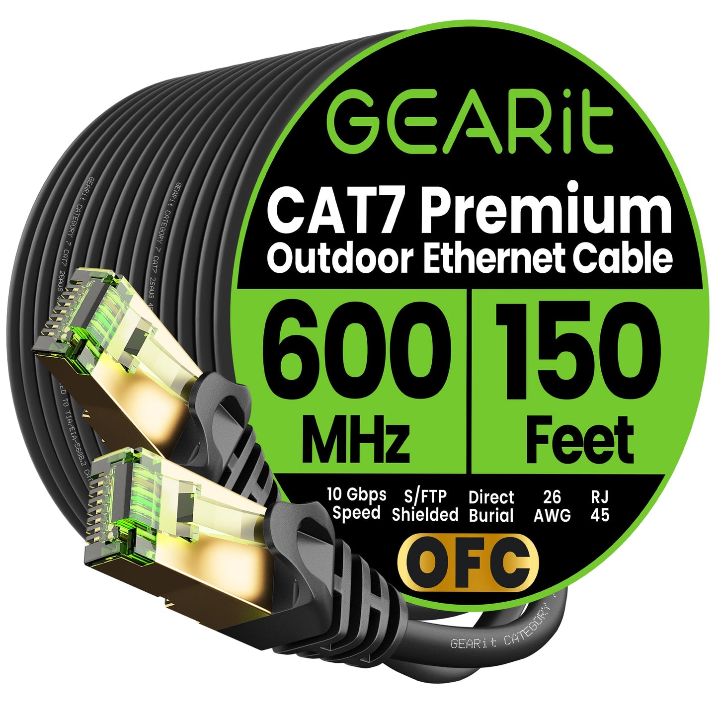 GEARit Cat7 Outdoor Ethernet Cable (150ft) SFTP Shielded Foil Twisted Pair, Pure Copper, LLDPE, Waterproof, Direct Burial, In-Ground, UV Resistant, POE, Network, LAN, Internet, Cat 7-150 Feet