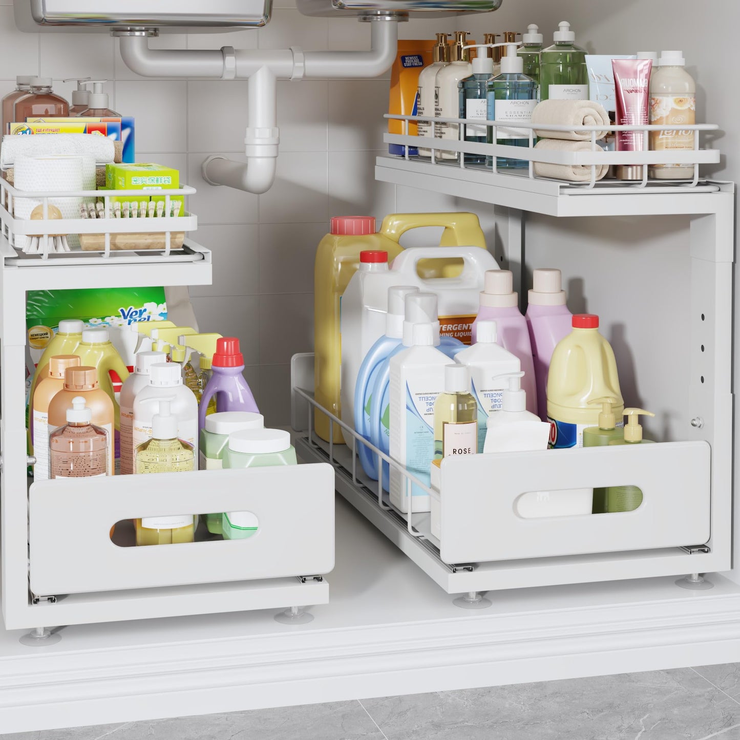 Biboraya Under Sink Organizer Upgrade To Professional Rails,2-Tier Dual Pull Out Cabinet Storage,Height Adjustable Slide Out Drawers For Bathroom Kitchen,2 Pack-18.5"Dx12.8"-16.9"H,White