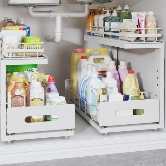 Biboraya Under Sink Organizer Upgrade To Professional Rails,2-Tier Dual Pull Out Cabinet Storage,Height Adjustable Slide Out Drawers For Bathroom Kitchen,2 Pack-18.5"Dx12.8"-16.9"H,White