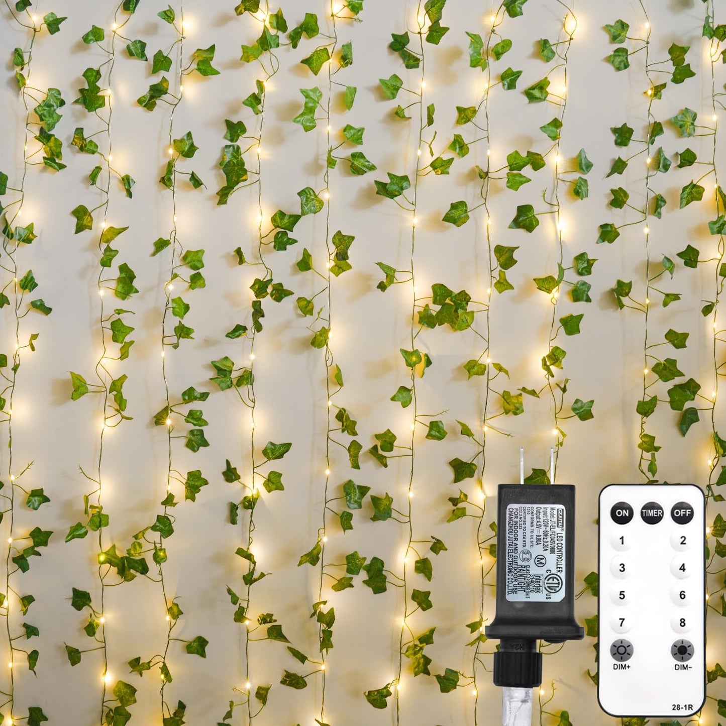 suddus 200 LED Vine with Light Plug in, 6.5ft x 6.5ft Ivy Fairy Curtain Lights with Remote, Leaf Fairy Lights for Wall,Bedroom, Dorm, Wedding, Party, Indoor Decor(Warm White)