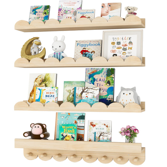 CLLASOU 24 Inch Floating Shelves for Wall, 4-Pack Nursery Book Shelves with Hooks, Scalloped Shelves, Wall Book Shelves for Kids Room, Baby Room, Bedroom, Nursery Decor