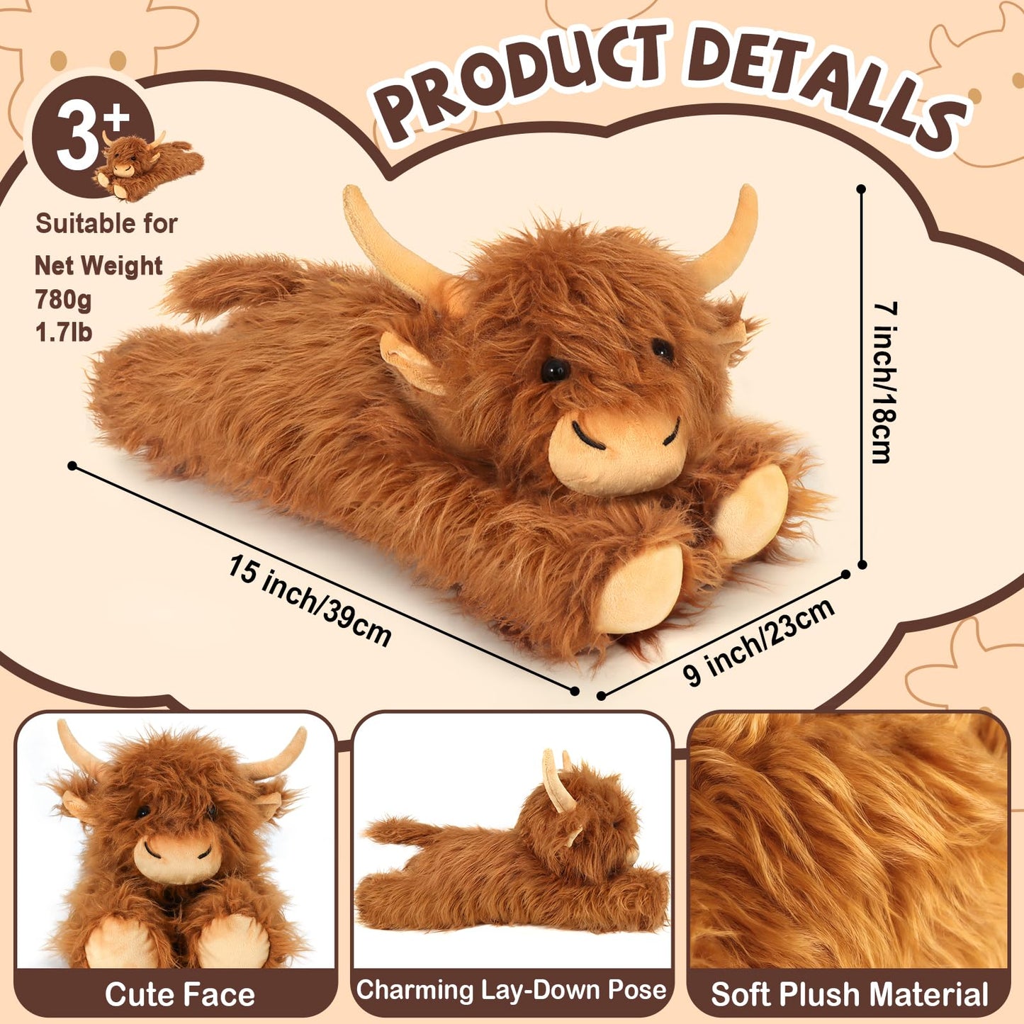 Highland Cow Stuffed Animals - Heatable Weighted Stuffed Animals, Lavender Scented Cow Plush for Sooth & Relax, Microwave Heating Pad for Period Cramps Pain & Stress Relief, Highland Cow Gifts （Brown）