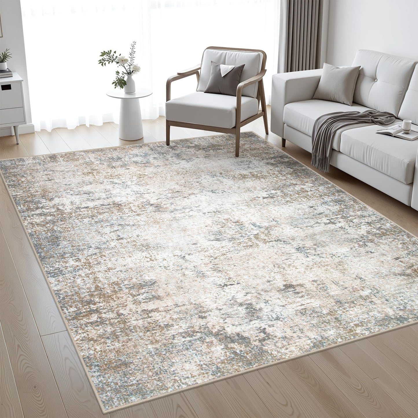 5x7 Area Rug Living Room Rug: Washable Modern Abstract Soft Thin Rug Indoor Floor No Slip Stain Resistant Carpet for Bedroom Dining Room Farmhouse Nursery Home Office - Brown Grey