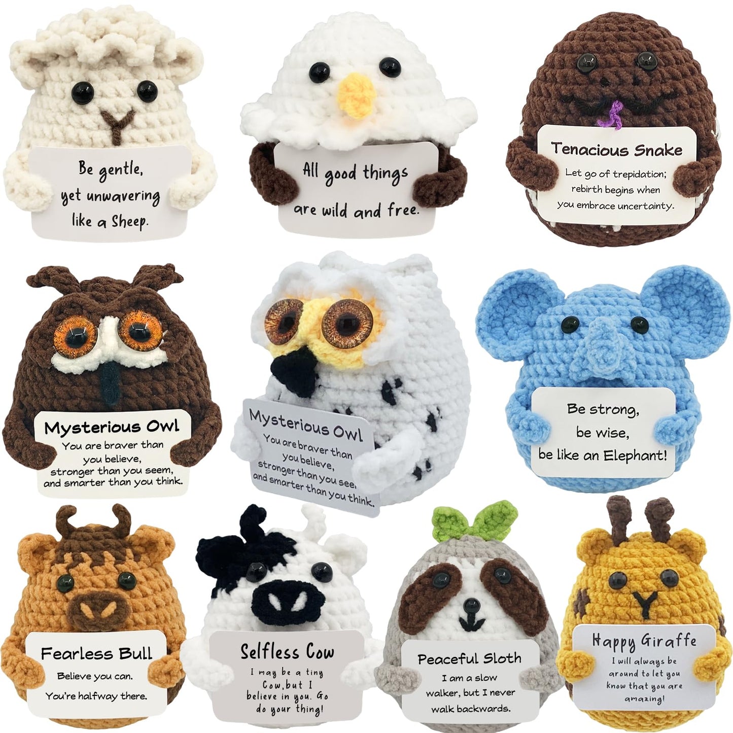 PoccroToys 10pcs Positive Crochet Mini Animals Bulk Valentines Day Birthday Gifts for Women Kids Adults Coworkers Men Teens Handmade Employee Teacher Staff Appreciation Thank You Gift Small Cute Toy
