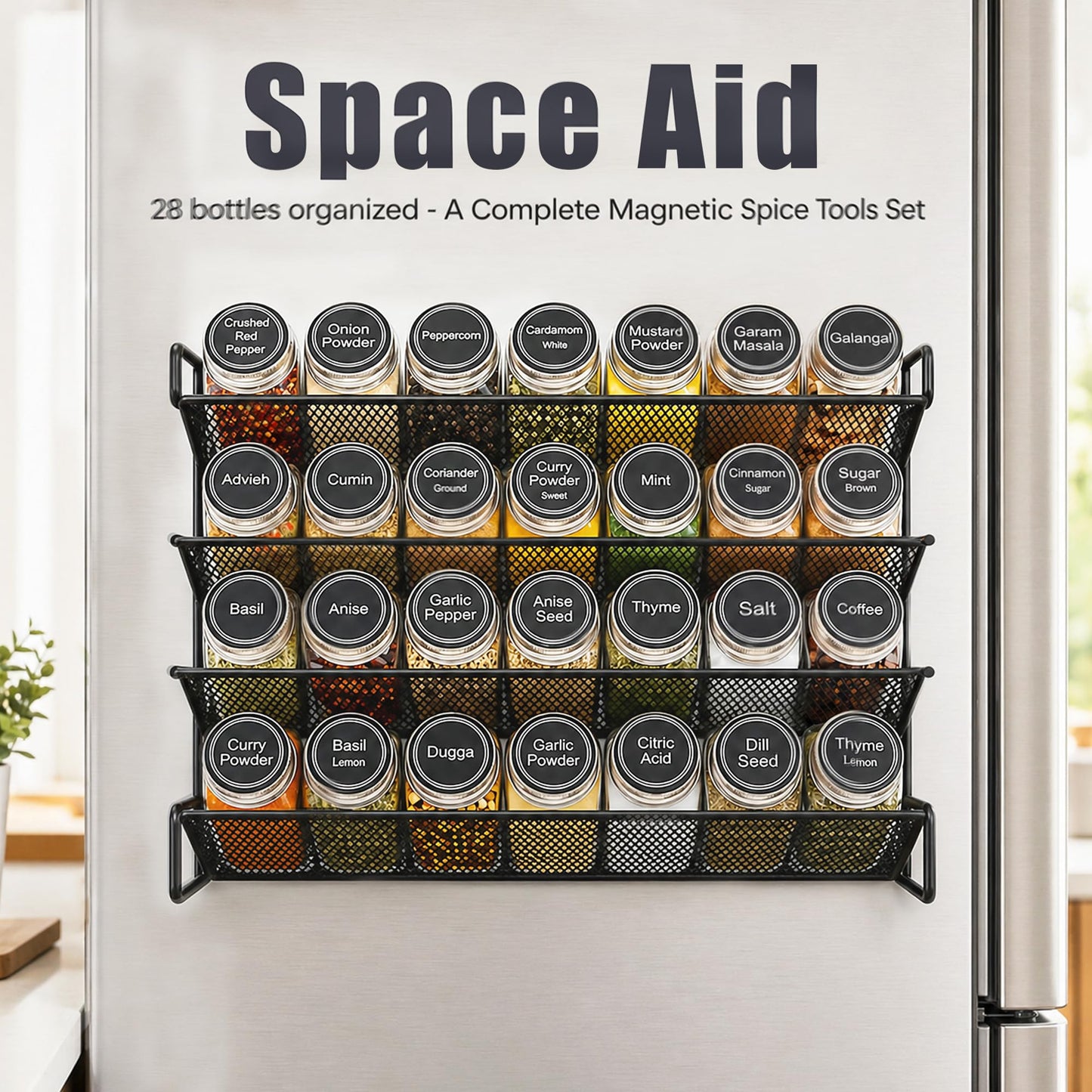 UVIAHOMI Magnetic Spice Rack Organizer for Refrigerator with 28 Spice Jars, 386 Spice Labels, 4 Hook, Chalk Marker and Funnel Set, Magnetic Shelf for Seasoning Organizer, 13.2'' W x 9.8 H, Black