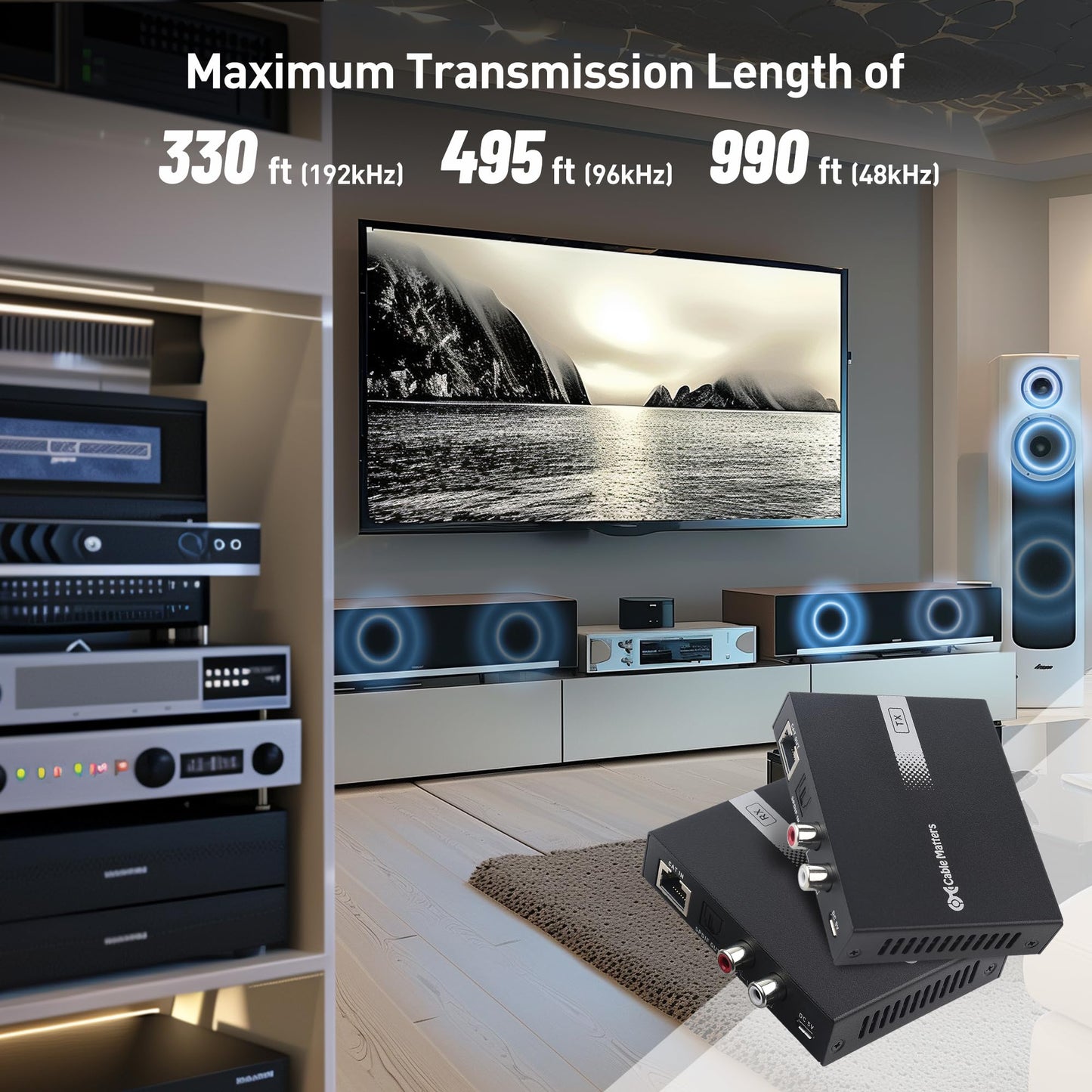 Cable Matters 990ft Extra Long Range Audio Over Ethernet Adapter Kit with Built-in Digital to Analog Converter(DAC), Support Optical Audio Toslink, L/R RCA (AudioExtender Over Cat5e/Cat6 Adapter)