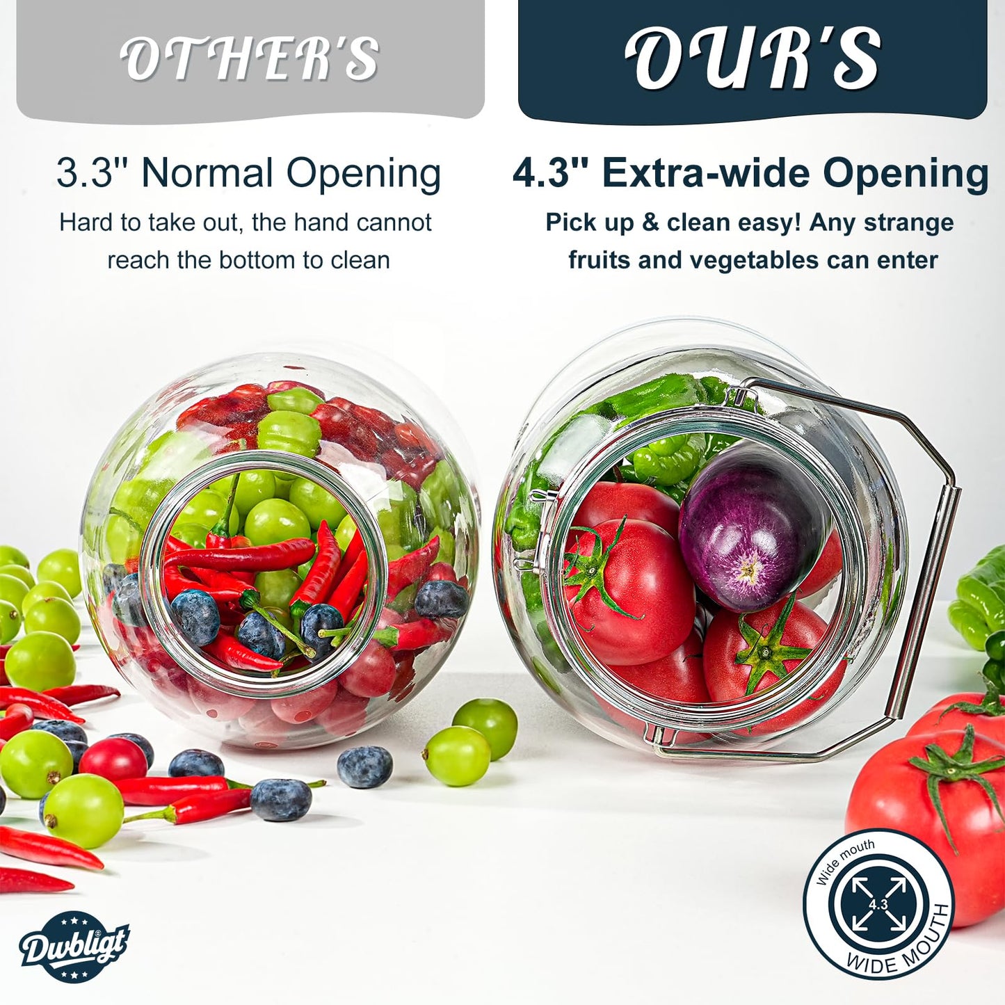 Dwbligt 1.5 Gallon Huge Glass Jar with Airtight Lid, Wide Mouth Large Mason Jars for Fermenting, Pickling, Canning, Water Glassing Eggs, Kombucha, and Food Storage – with Handle & Scale Marks(2 Packs)