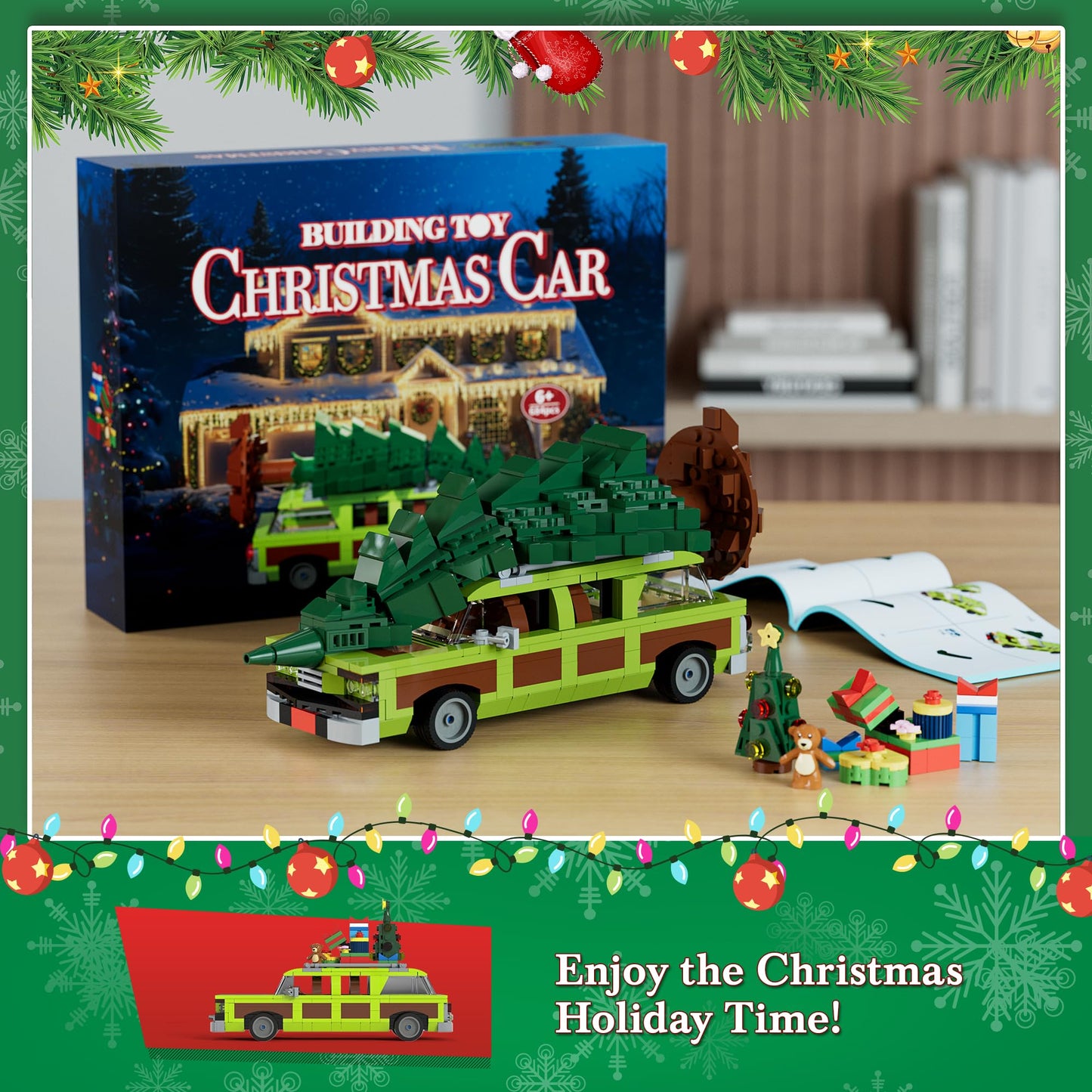 JAEUZKJYDA Christmas Village Movie Building Toy Set, 4 in1 Station Wagon with Family Christmas Tree Building Kit, Christmas Decorations, for Movie Fans Adults Boys and Kids 2025